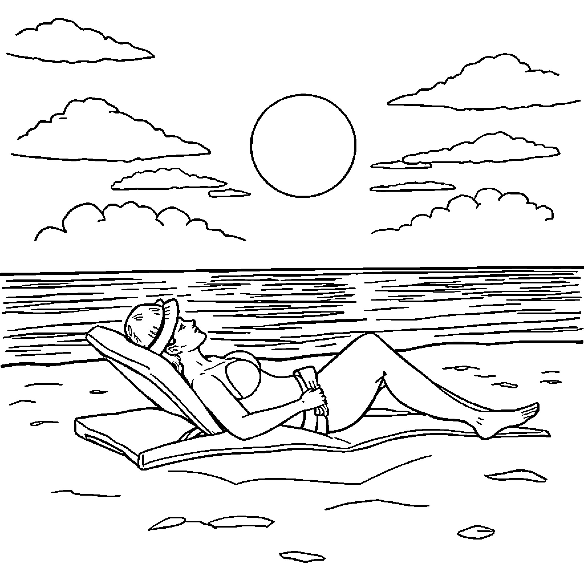 ZZZ Top: Relaxing by the Serene Sea Coloring Page (free black-and-white line drawing printable PDF for all, from beginners to advanced learners, including children, teens, adults, and seniors)