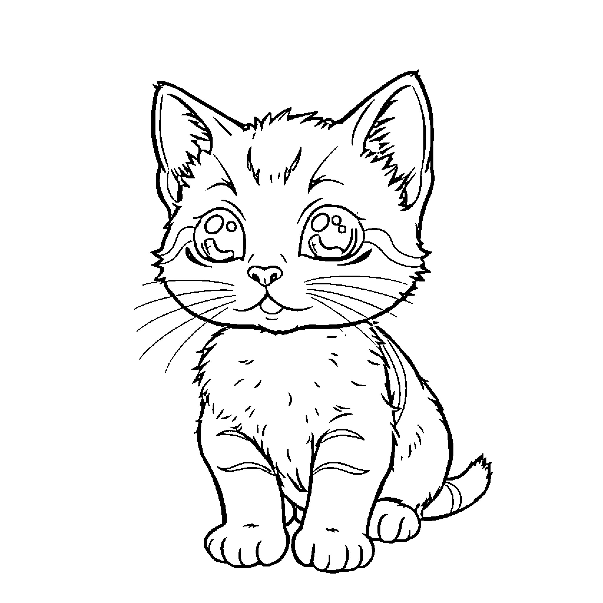 Cat with big eyes sitting cutely Coloring Page (free black-and-white line drawing printable PDF for all, from beginners to advanced learners, including children, teens, adults, and seniors)