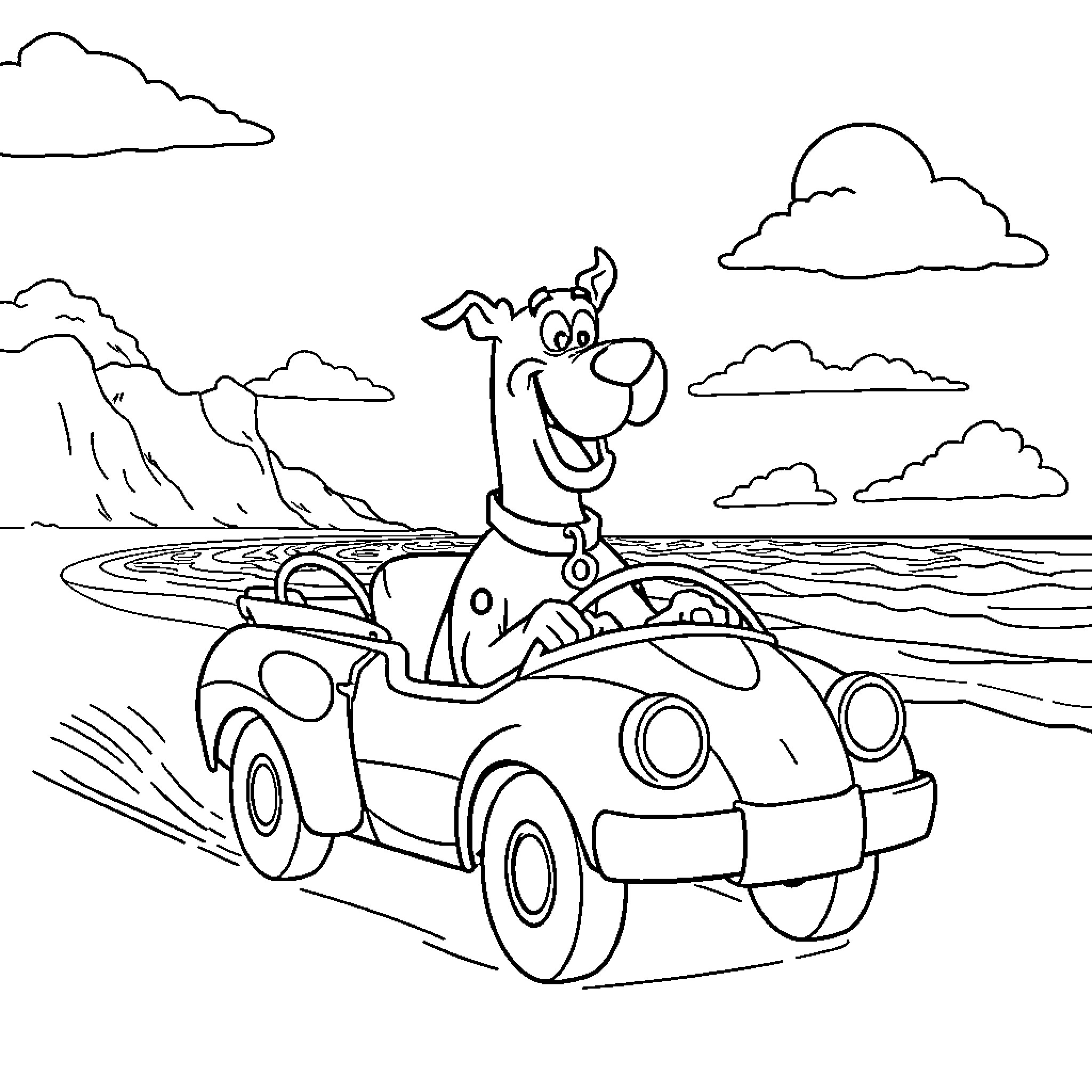 Scooby Doo driving a fun roadster car Coloring Page (free black-and-white line drawing printable PDF for all, from beginners to advanced learners, including children, teens, adults, and seniors)