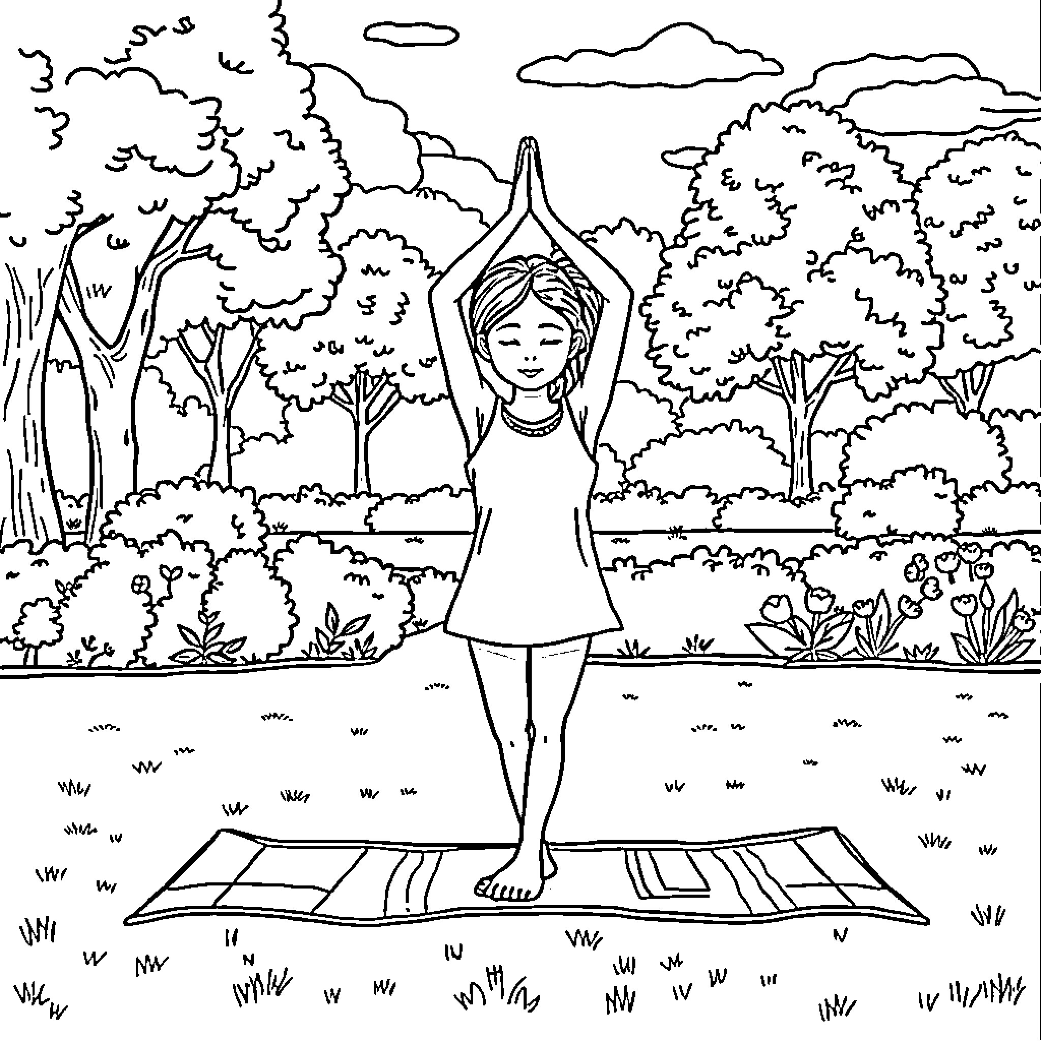 Girl practicing yoga in serene forest setting Coloring Page (free black-and-white line drawing printable PDF for all, from beginners to advanced learners, including children, teens, adults, and seniors)