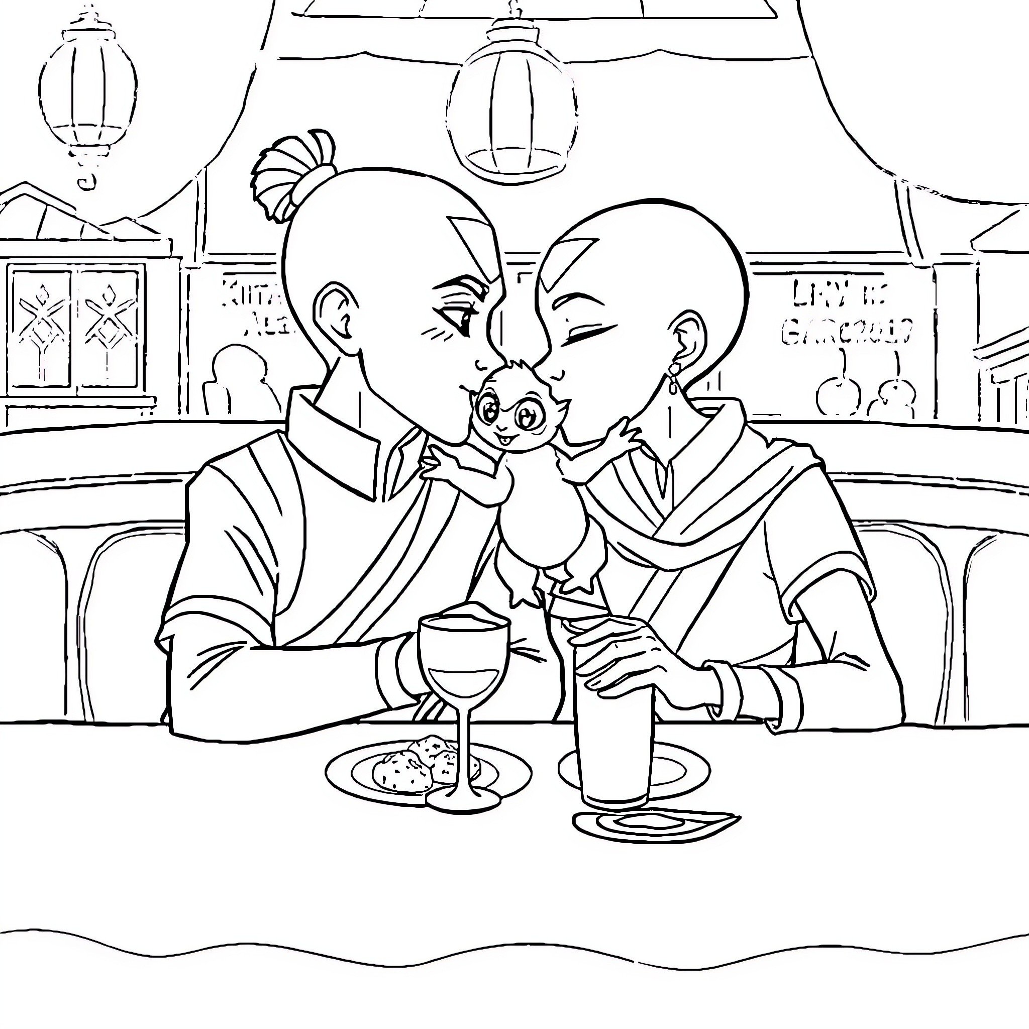 Avatar's Intimate Dinner in Candlelit Cafe Coloring Page (free black-and-white line drawing printable PDF for all, from beginners to advanced learners, including children, teens, adults, and seniors)