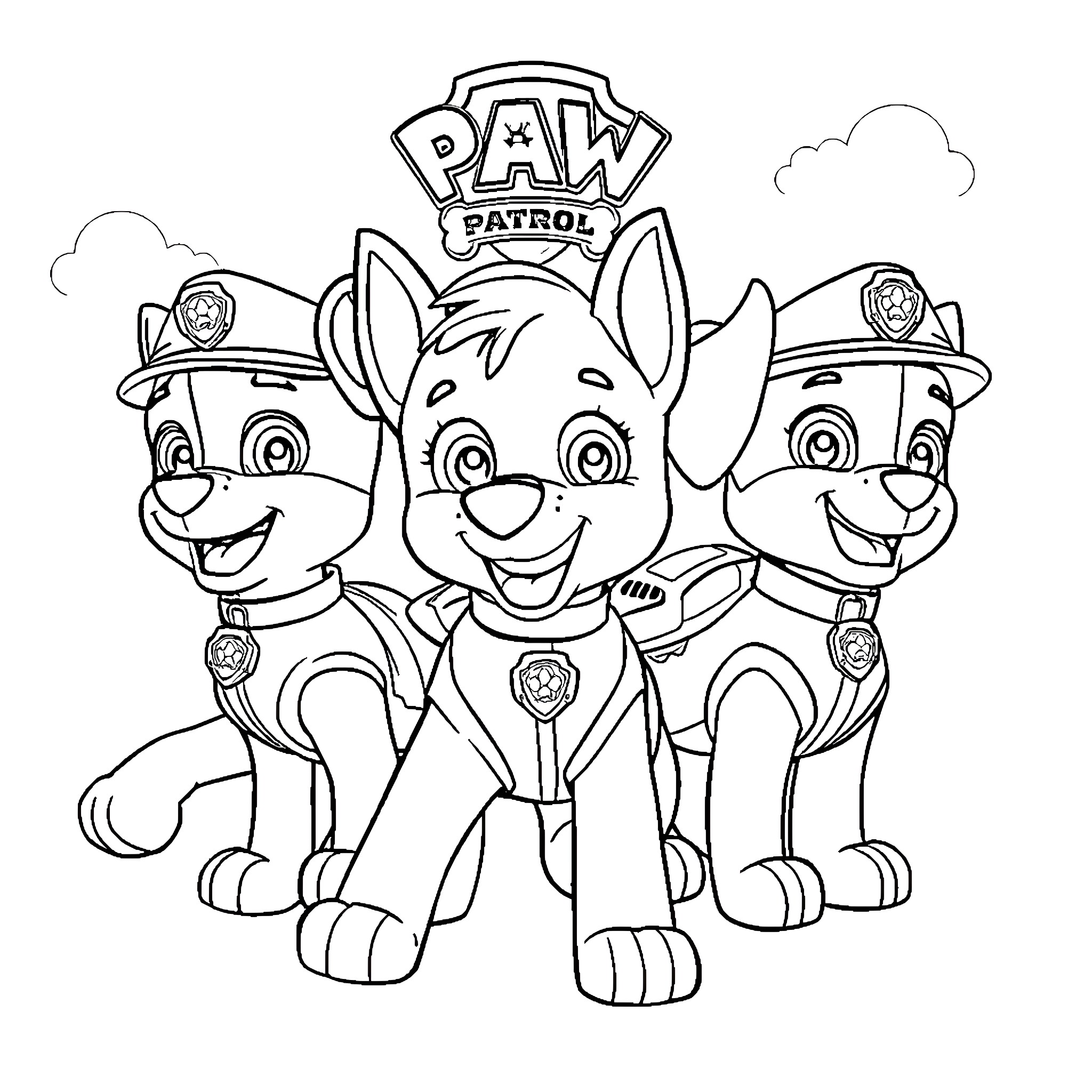 Paw Patrol team in action poses Coloring Page (free black-and-white line drawing printable PDF for all, from beginners to advanced learners, including children, teens, adults, and seniors)
