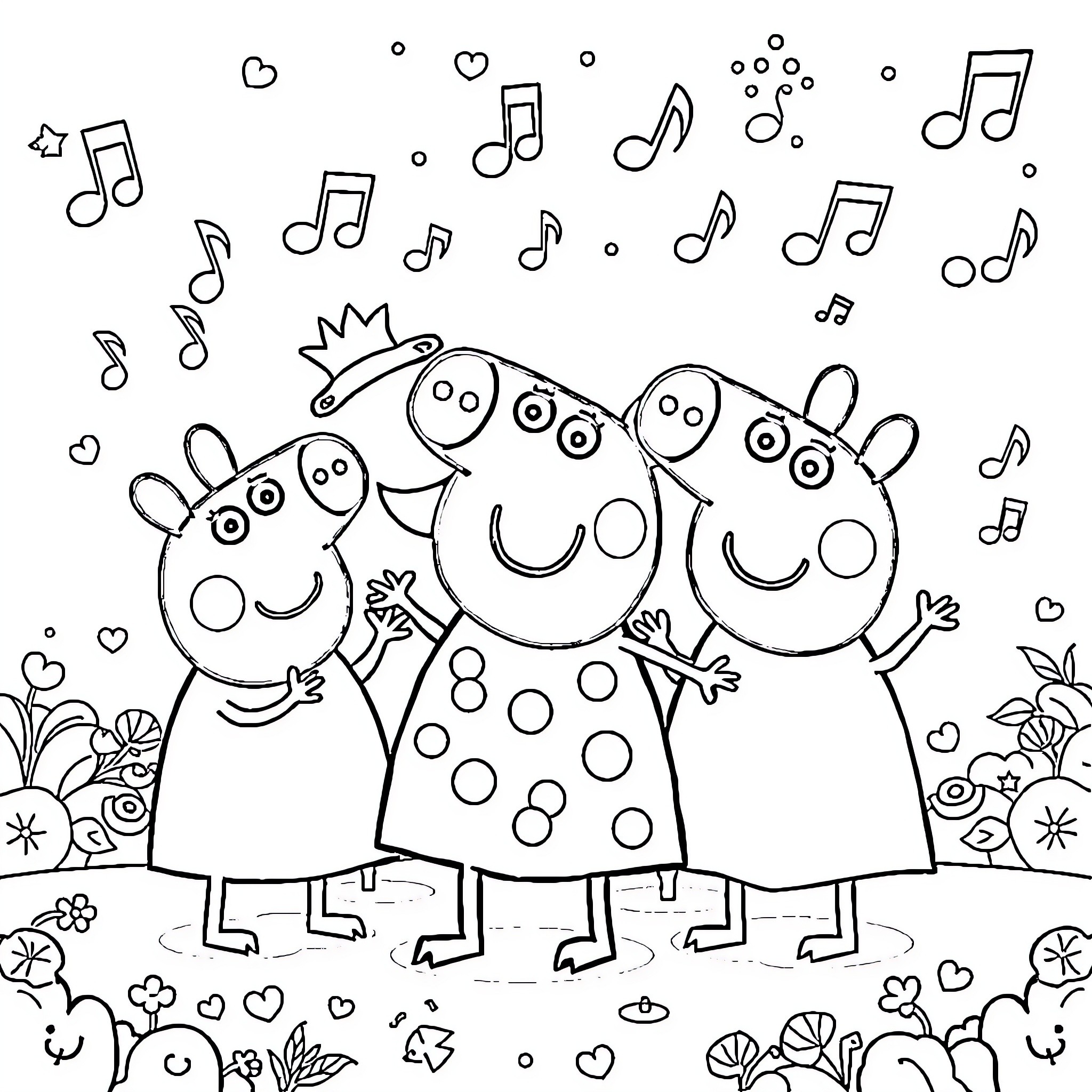 Peppa Pig family singing with musical notes Coloring Page (free black-and-white line drawing printable PDF for all, from beginners to advanced learners, including children, teens, adults, and seniors)