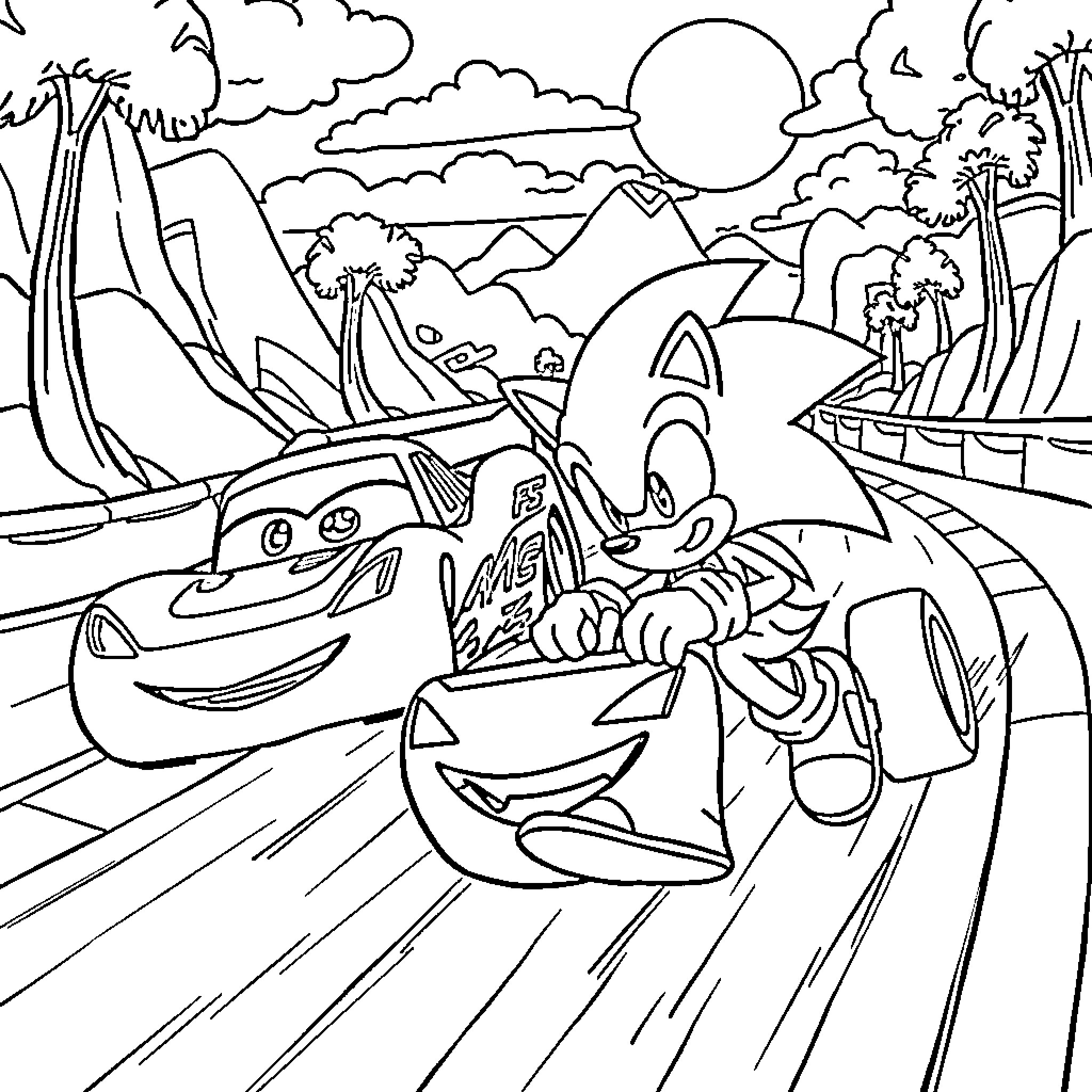 Sonic racing with friends in the tropical landscape Coloring Page (free black-and-white line drawing printable PDF for all, from beginners to advanced learners, including children, teens, adults, and seniors)