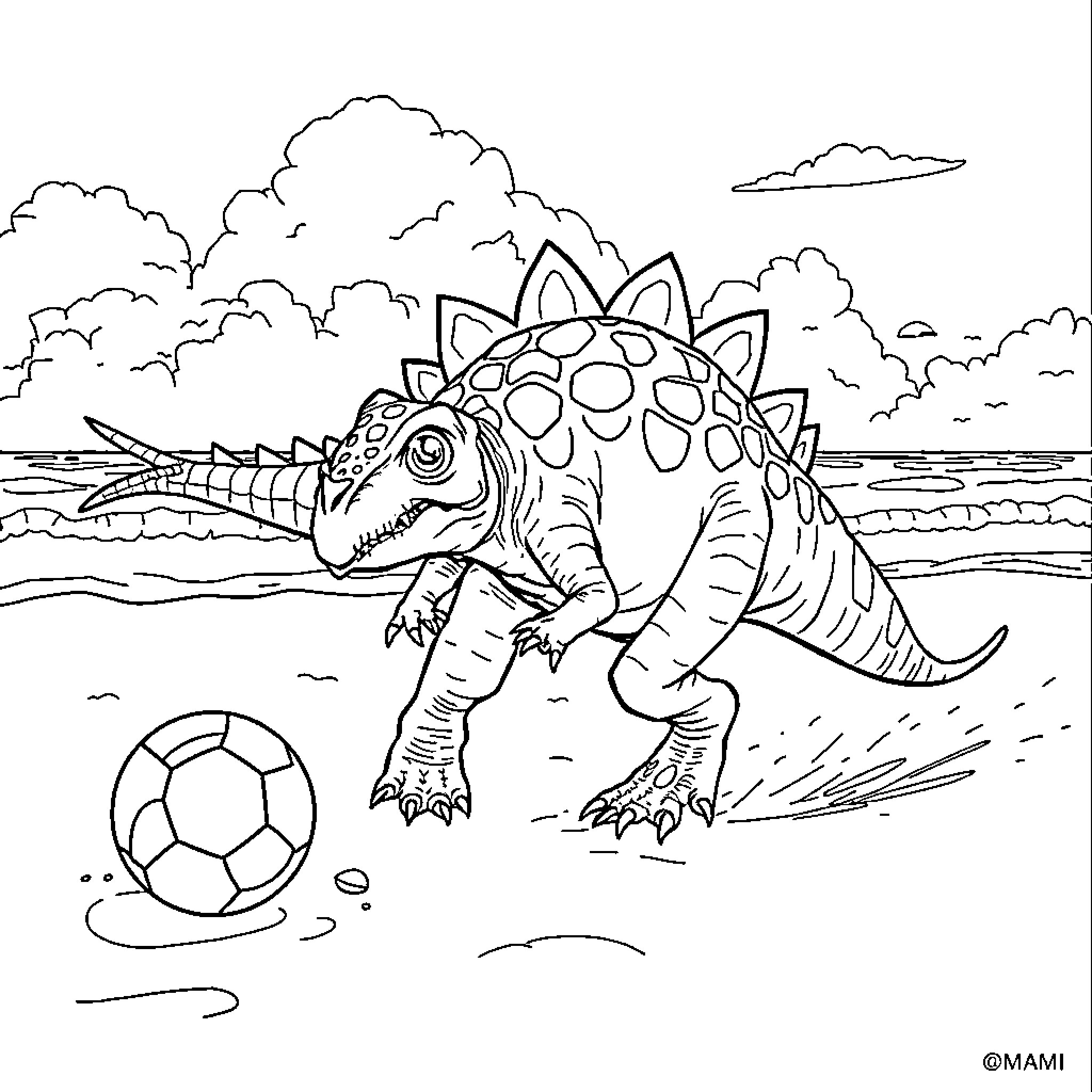 Ankylosaurus playing with soccer ball on the beach Coloring Page (free black-and-white line drawing printable PDF for all, from beginners to advanced learners, including children, teens, adults, and seniors)