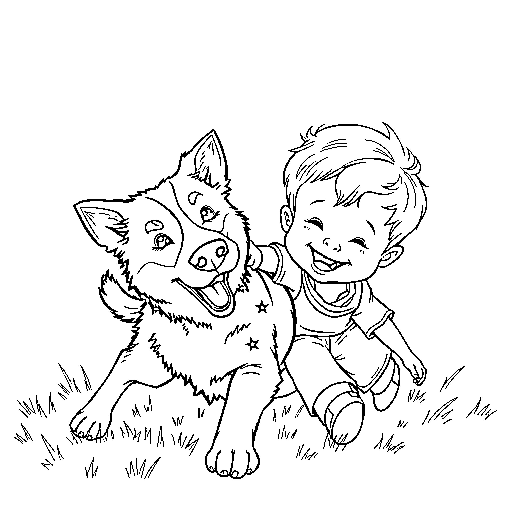 Australian Cattle Dog playing joyfully with a young boy Coloring Page (free black-and-white line drawing printable PDF for all, from beginners to advanced learners, including children, teens, adults, and seniors)