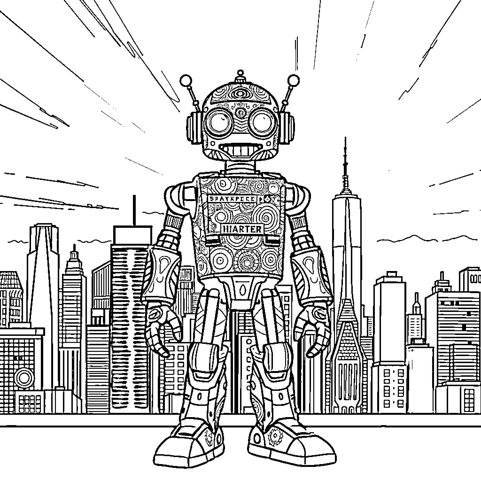 Robot exploring the futuristic city skyline Coloring Page (free black-and-white line drawing printable PDF for all, from beginners to advanced learners, including children, teens, adults, and seniors)