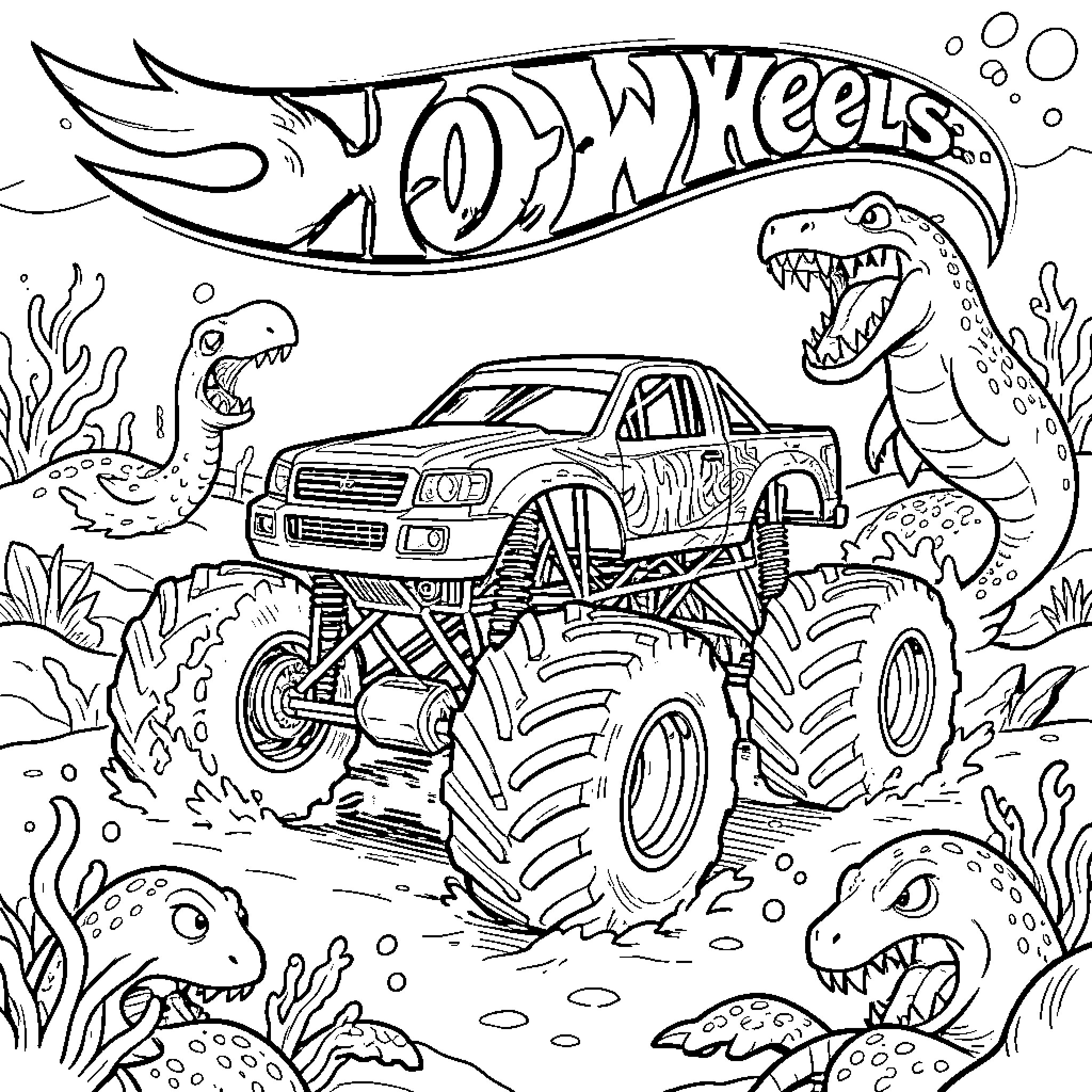 Monster Truck driving through a dinosaur prehistoric world Coloring Page (free black-and-white line drawing printable PDF for all, from beginners to advanced learners, including children, teens, adults, and seniors)
