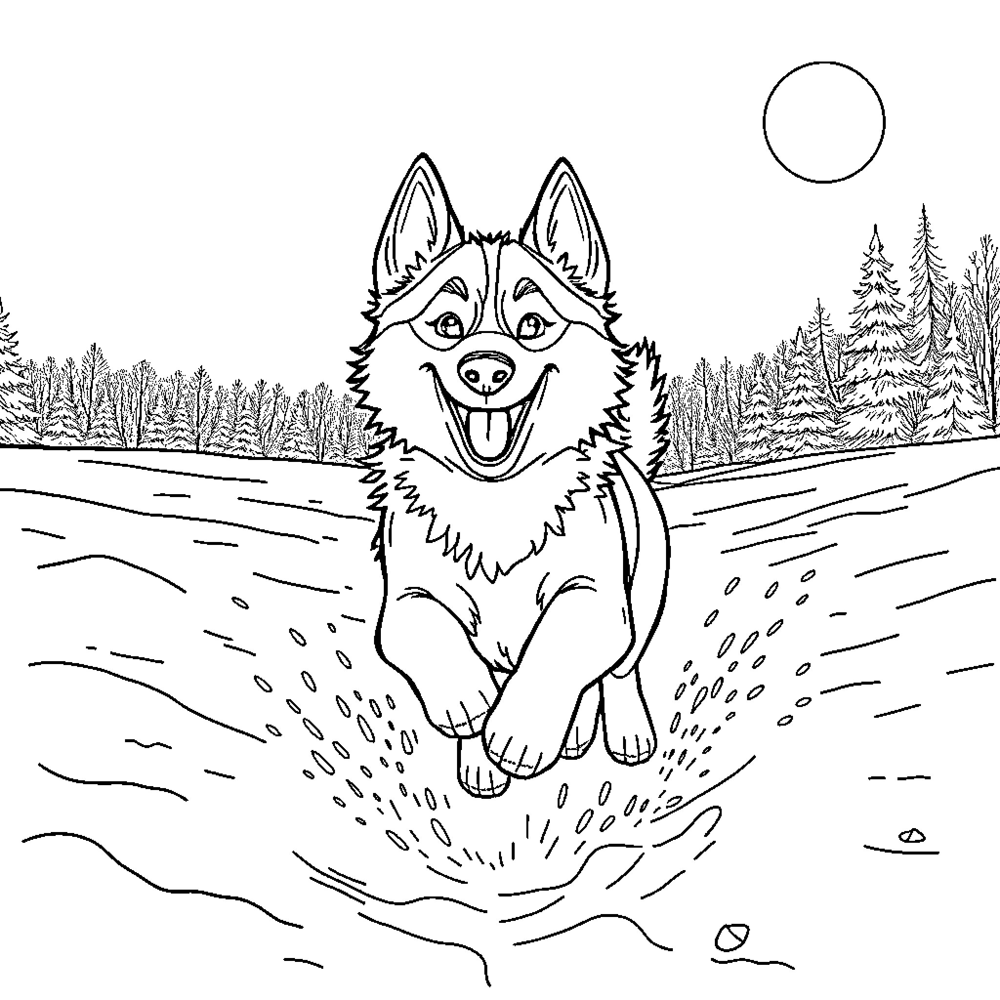 Husky enjoying snowy outdoor adventure Coloring Page (free black-and-white line drawing printable PDF for all, from beginners to advanced learners, including children, teens, adults, and seniors)