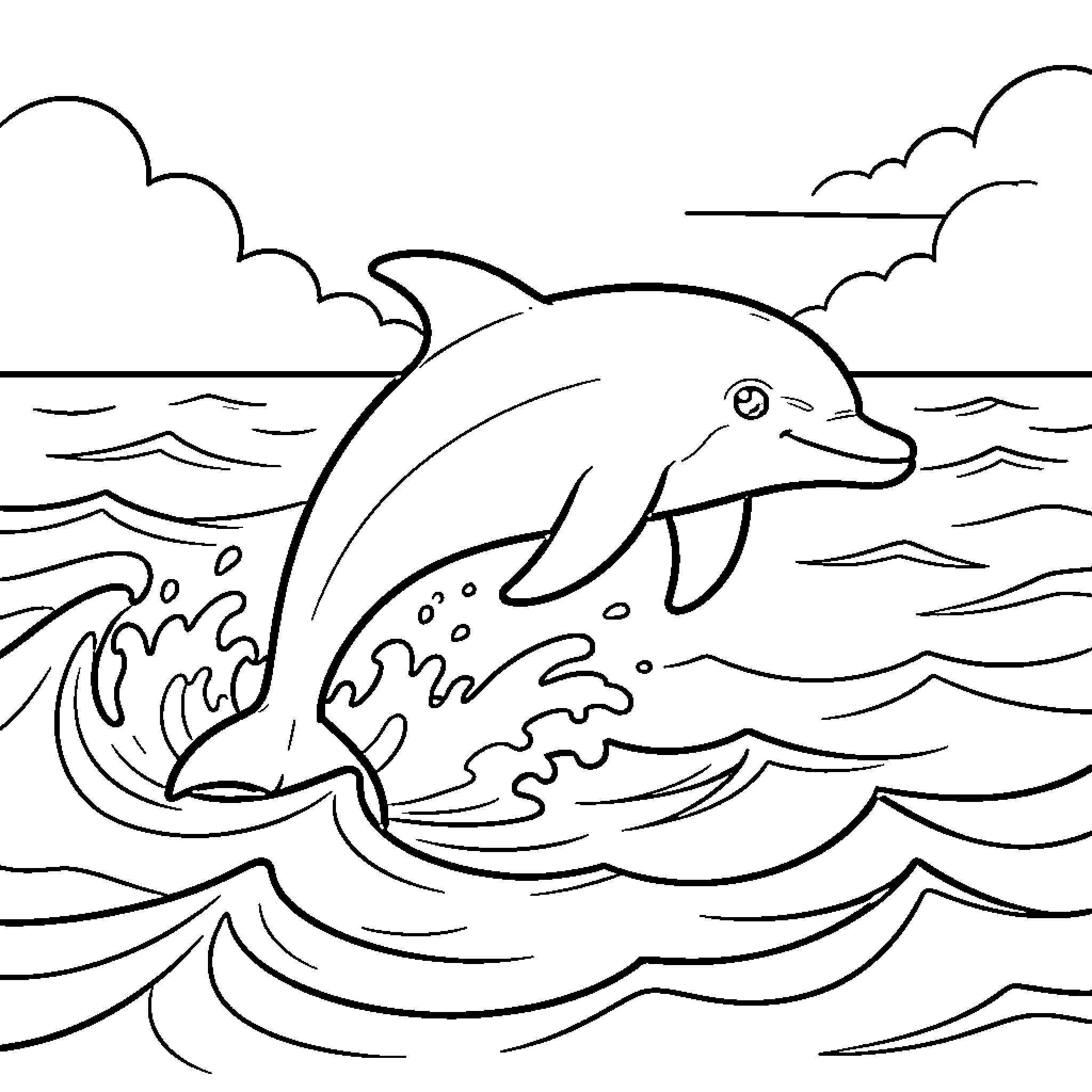 Dolphin jumping joyfully through the ocean waves Coloring Page (free black-and-white line drawing printable PDF for all, from beginners to advanced learners, including children, teens, adults, and seniors)