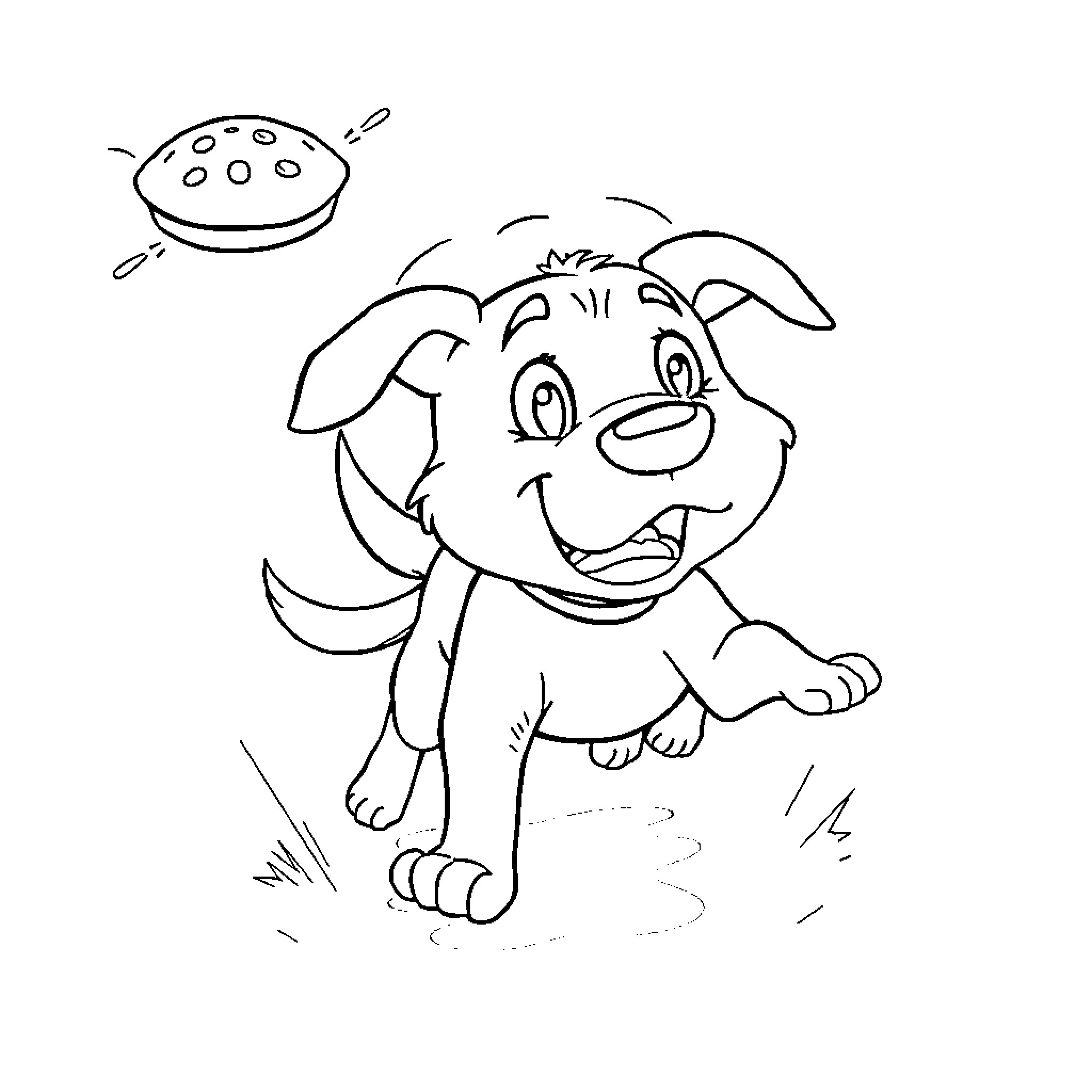 Dog playing joyfully with a toy Coloring Page (free black-and-white line drawing printable PDF for all, from beginners to advanced learners, including children, teens, adults, and seniors)