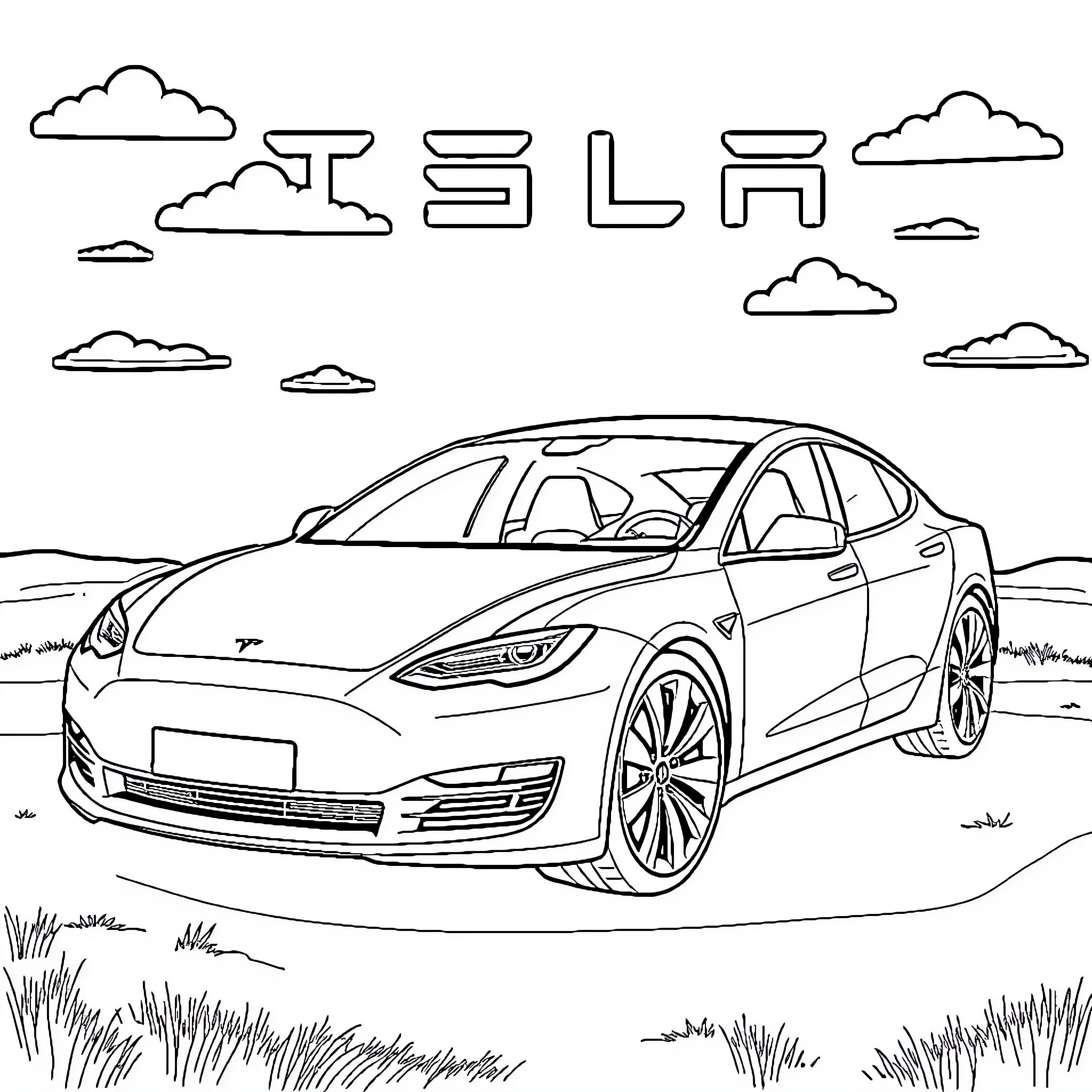 Tesla Model S electric vehicle on scenic road Coloring Page (free black-and-white line drawing printable PDF for all, from beginners to advanced learners, including children, teens, adults, and seniors)