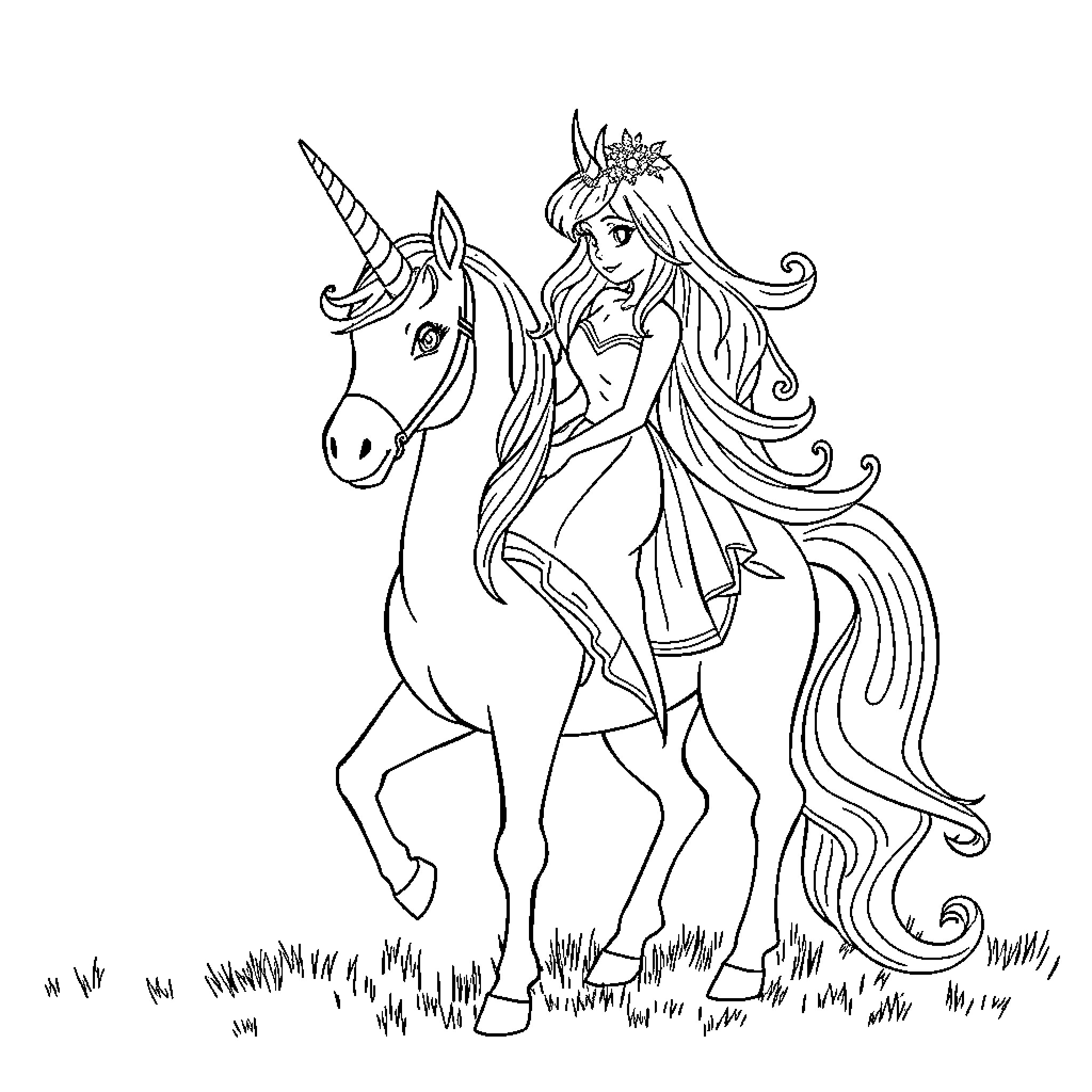 Princess Riding a Unicorn in a Meadow Coloring Page (free black-and-white line drawing printable PDF for all, from beginners to advanced learners, including children, teens, adults, and seniors)