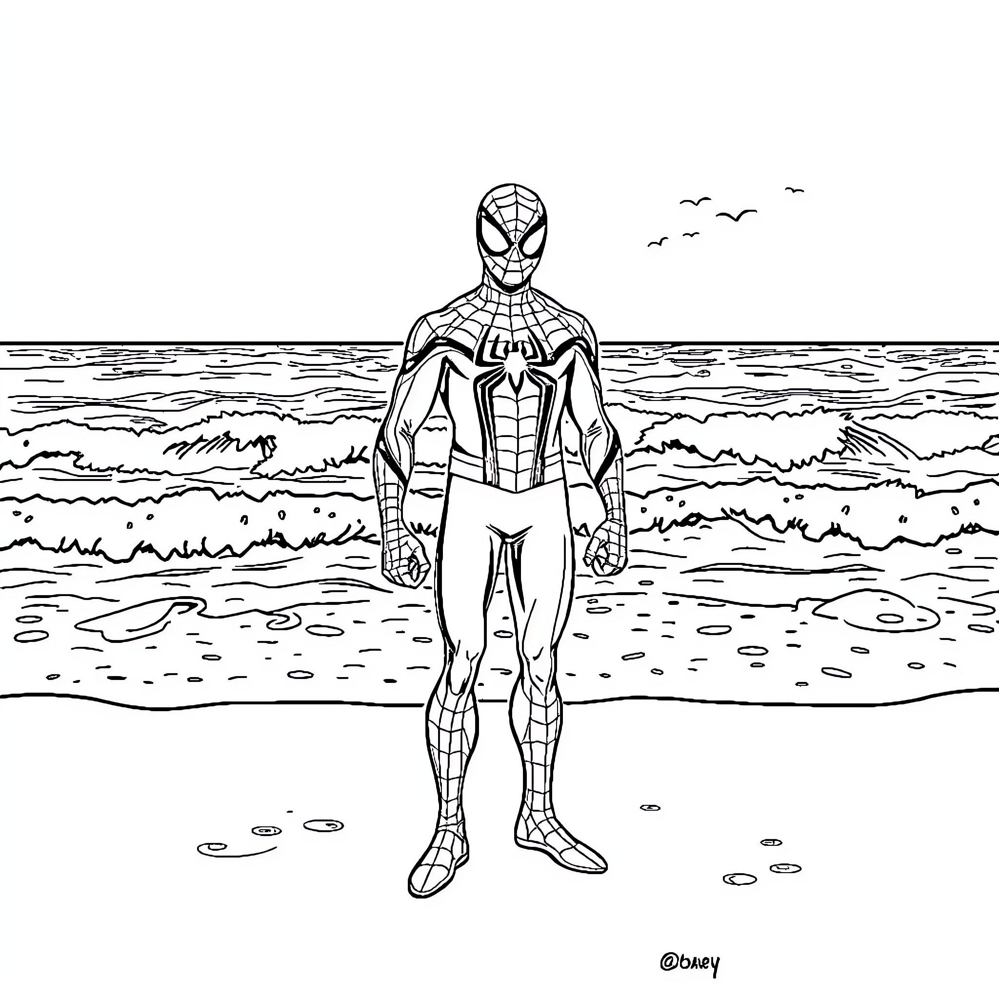 Spiderman overlooking the beach and ocean Coloring Page (free black-and-white line drawing printable PDF for all, from beginners to advanced learners, including children, teens, adults, and seniors)