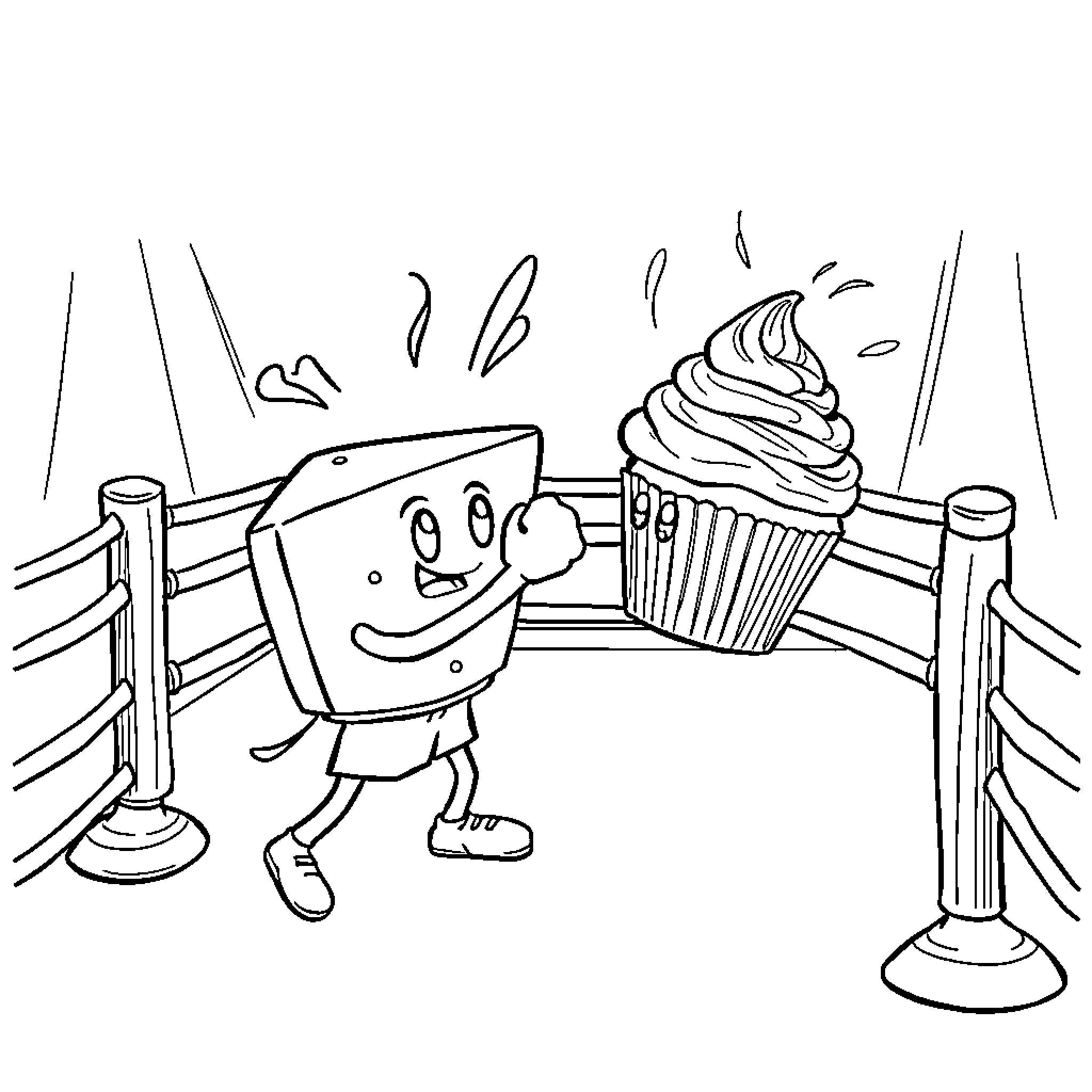 Cheesecake and Cupcake Enjoying a Day Out Coloring Page (free black-and-white line drawing printable PDF for all, from beginners to advanced learners, including children, teens, adults, and seniors)