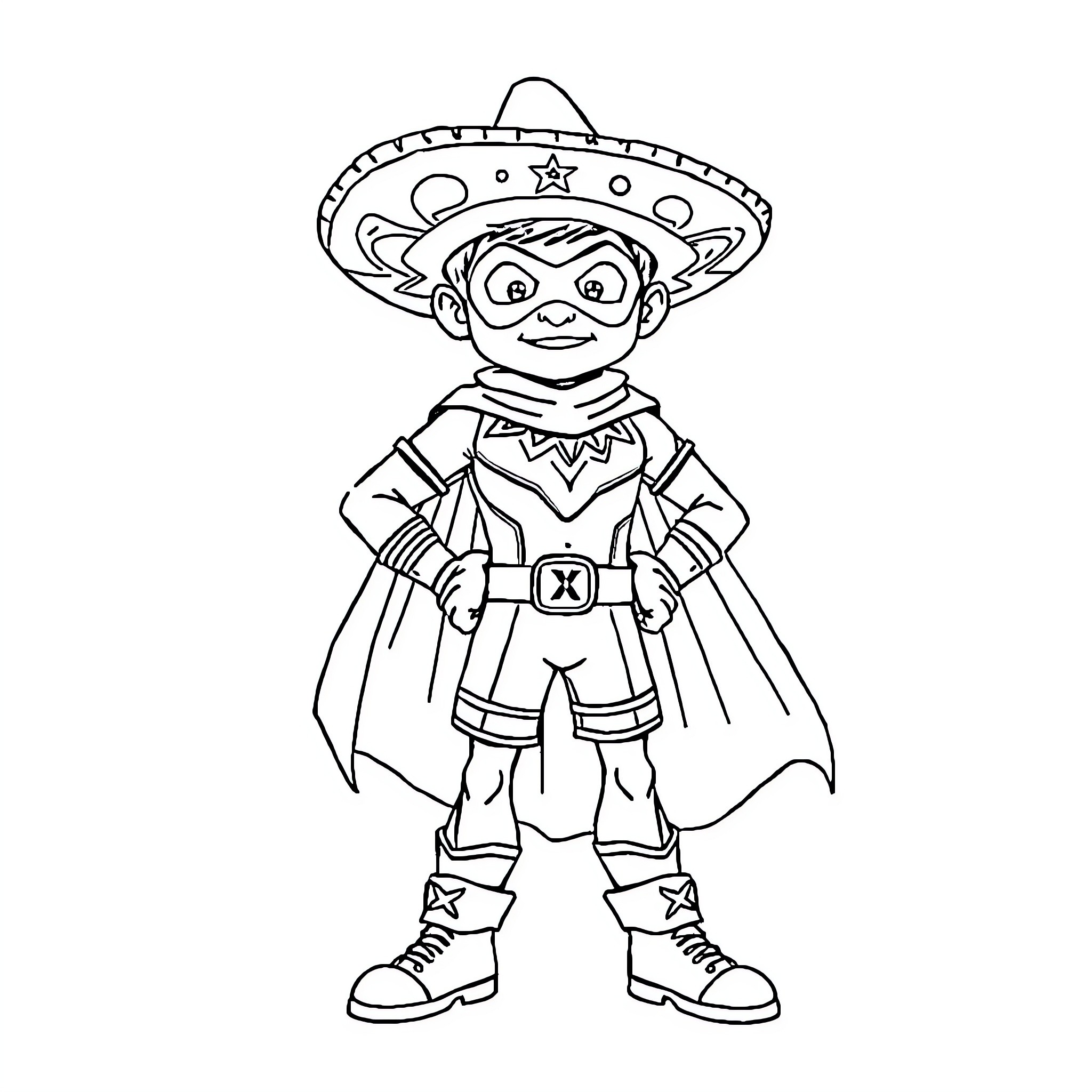 Superman in Sombrero with Unique Outfit Coloring Page (free black-and-white line drawing printable PDF for all, from beginners to advanced learners, including children, teens, adults, and seniors)