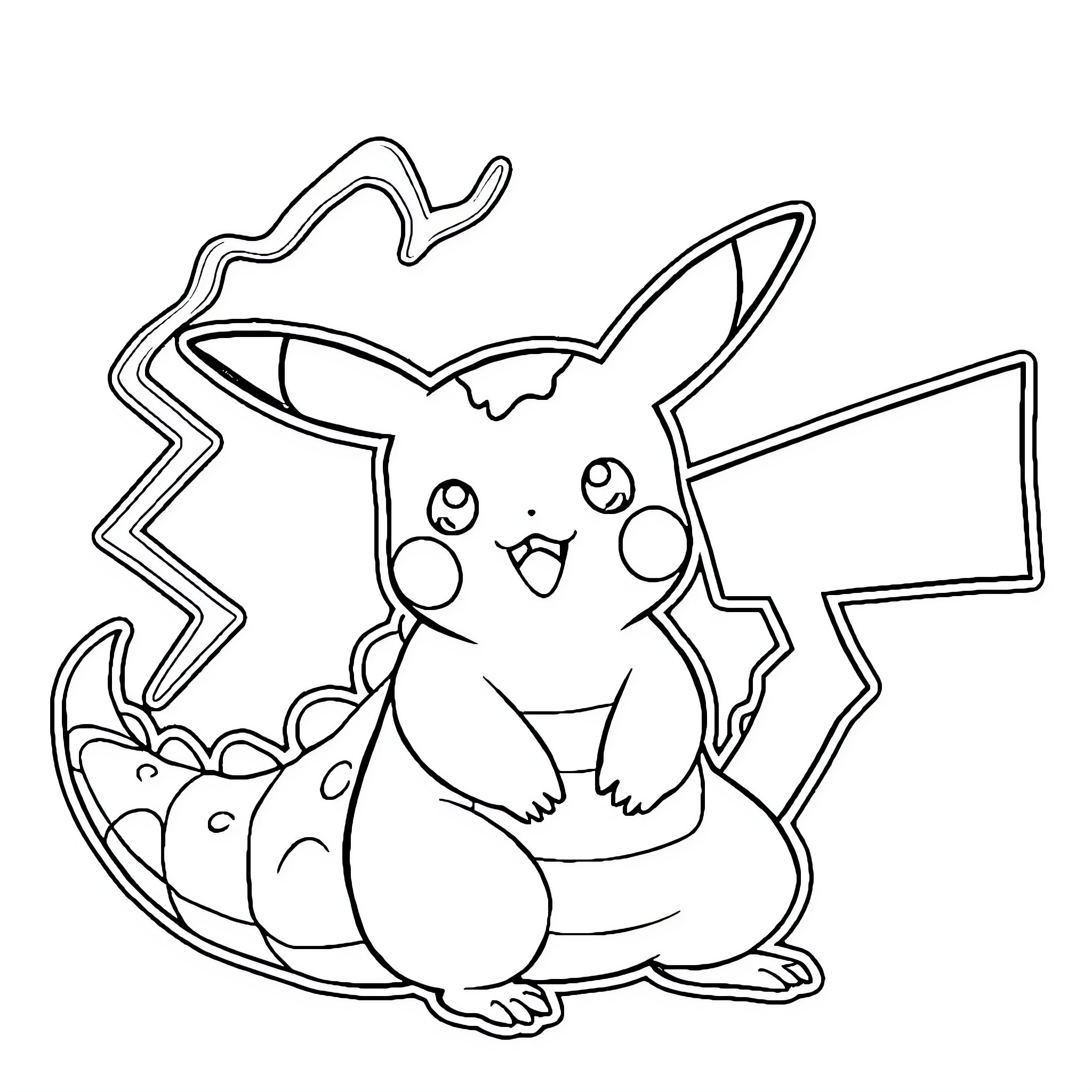 Pikachu playing energetically with friends Coloring Page (free black-and-white line drawing printable PDF for all, from beginners to advanced learners, including children, teens, adults, and seniors)