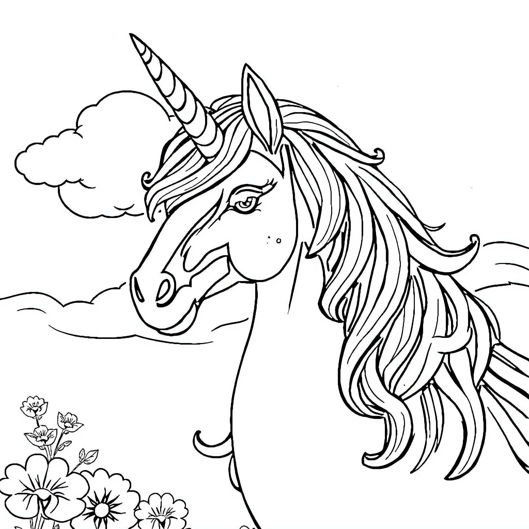 Unicorn gazing wistfully in a flower-filled meadow Coloring Page (free black-and-white line drawing printable PDF for all, from beginners to advanced learners, including children, teens, adults, and seniors)