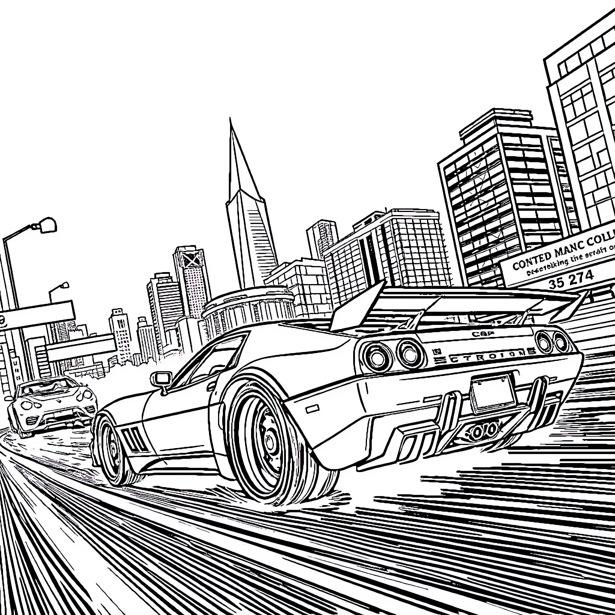Eclipse of Speed in the City Skyline Coloring Page (free black-and-white line drawing printable PDF for all, from beginners to advanced learners, including children, teens, adults, and seniors)
