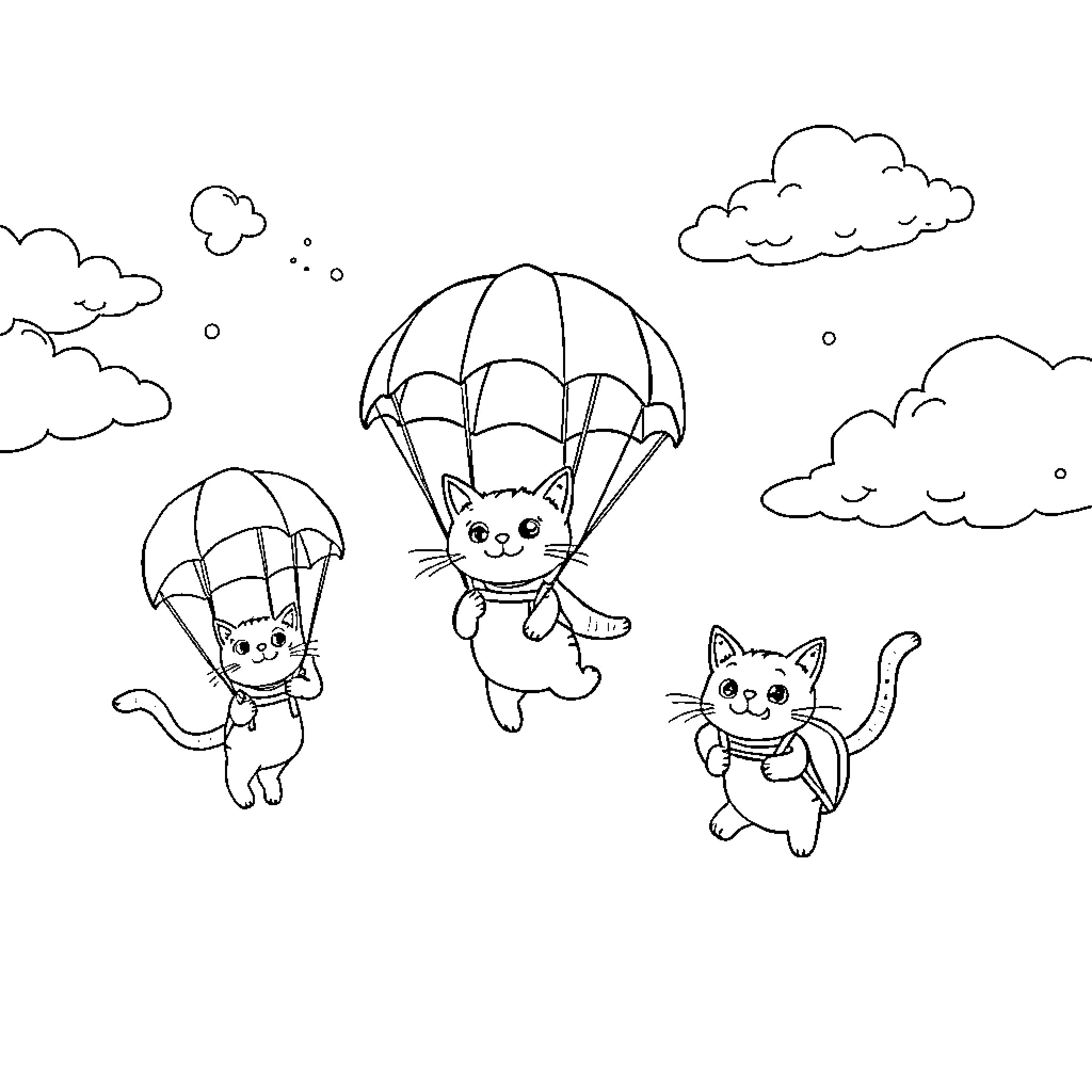 Cats skydiving with parachutes in the sky Coloring Page (free black-and-white line drawing printable PDF for all, from beginners to advanced learners, including children, teens, adults, and seniors)