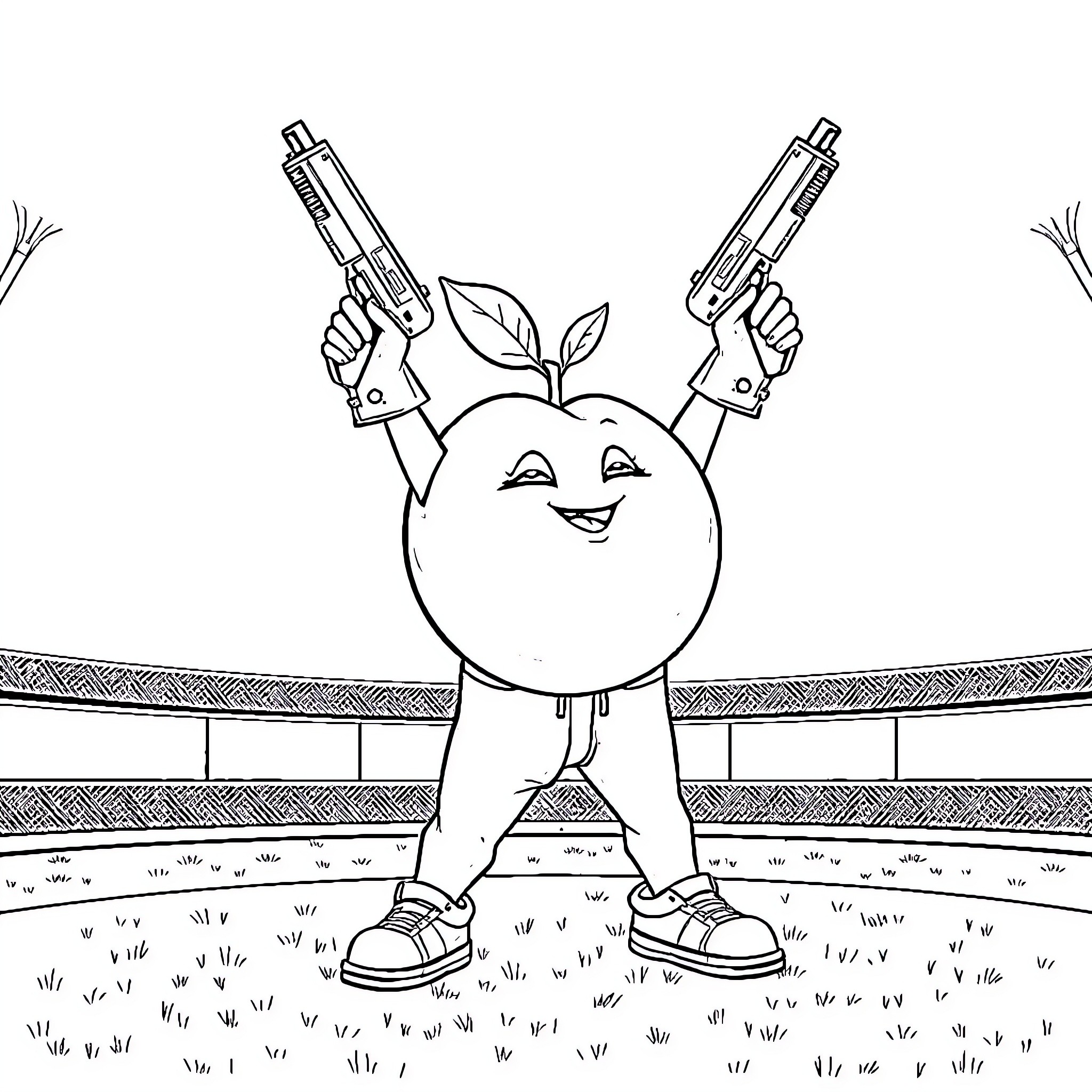 Peach character wielding dual pistols in action scene Coloring Page (free black-and-white line drawing printable PDF for all, from beginners to advanced learners, including children, teens, adults, and seniors)