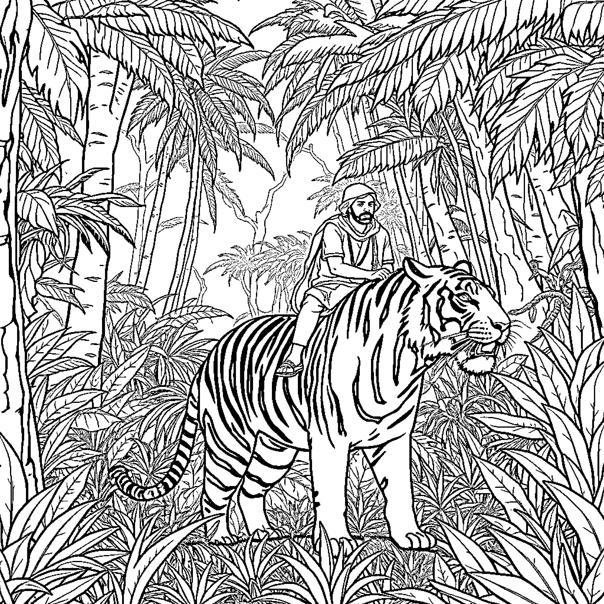 Tiger Trekking Through Lush Jungle Landscape Coloring Page (free black-and-white line drawing printable PDF for all, from beginners to advanced learners, including children, teens, adults, and seniors)