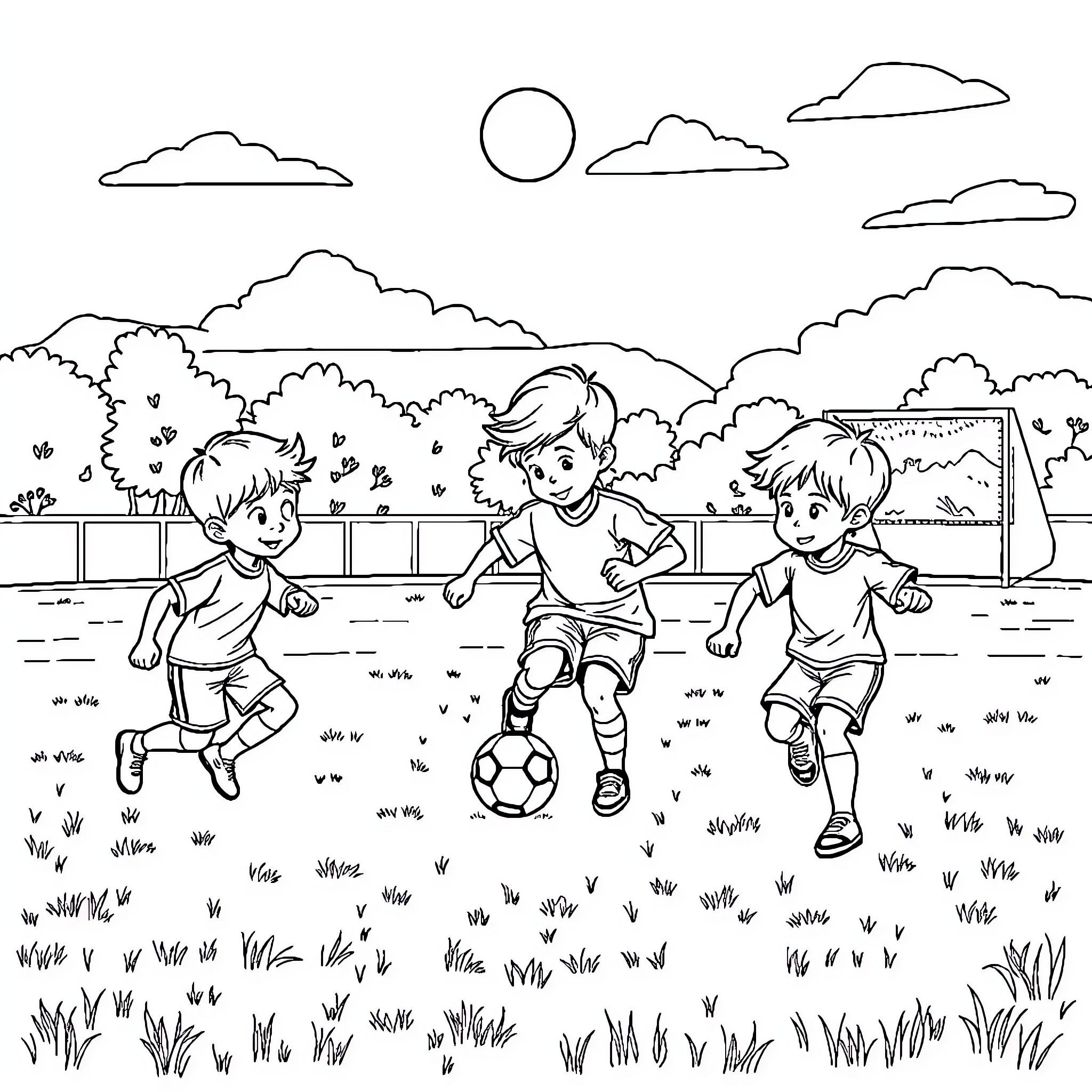 Football players competing in an outdoor field Coloring Page (free black-and-white line drawing printable PDF for all, from beginners to advanced learners, including children, teens, adults, and seniors)