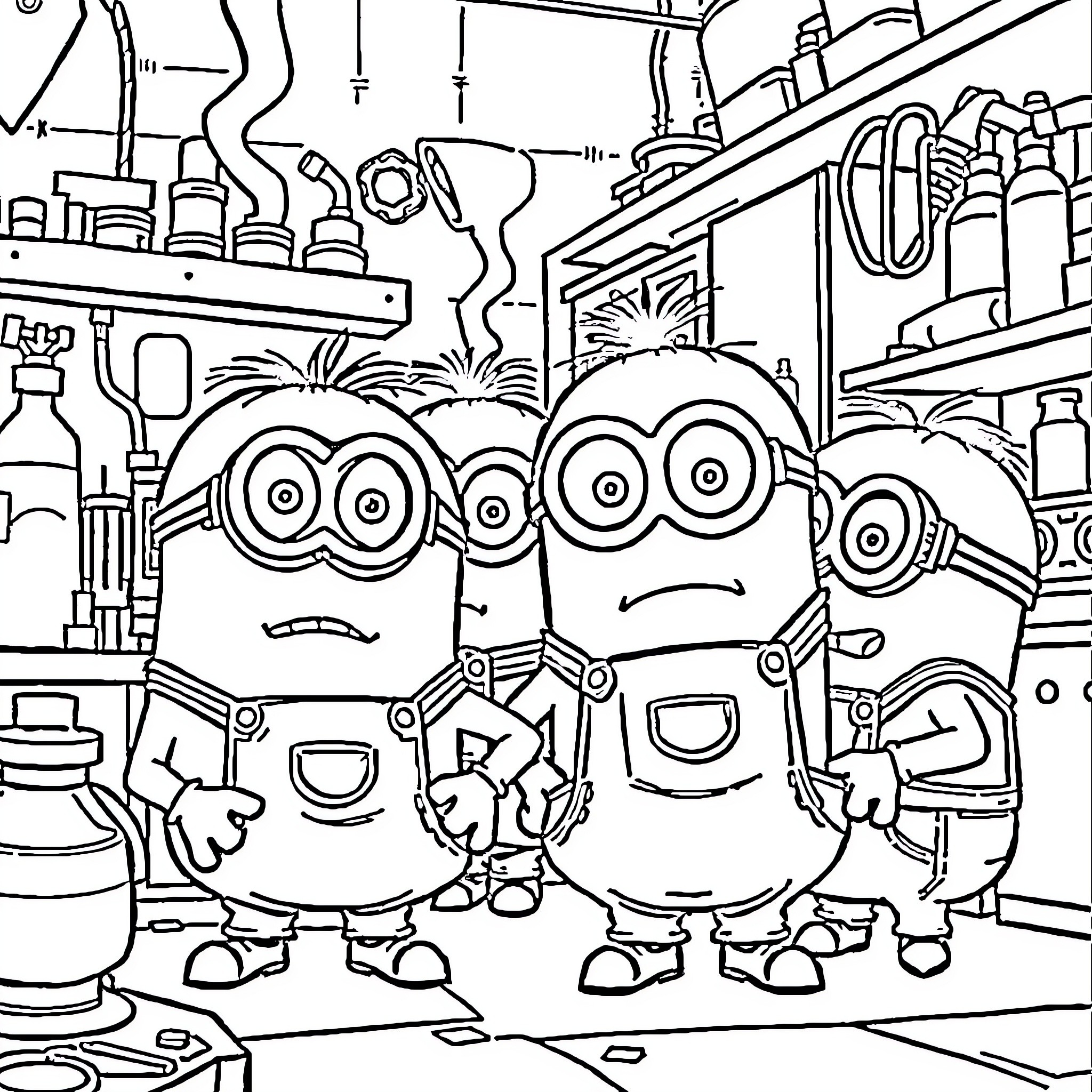 Minions exploring a cluttered workshop Coloring Page (free black-and-white line drawing printable PDF for all, from beginners to advanced learners, including children, teens, adults, and seniors)