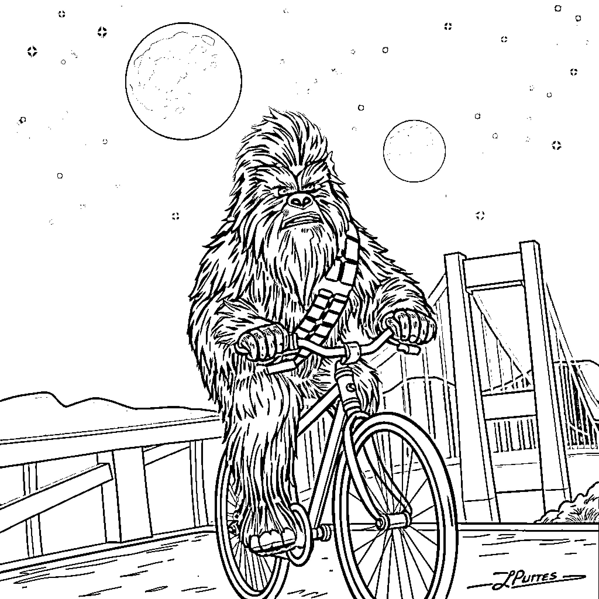 Chewbacca rides a bicycle across a bridge under the moonlight Coloring Page (free black-and-white line drawing printable PDF for all, from beginners to advanced learners, including children, teens, adults, and seniors)