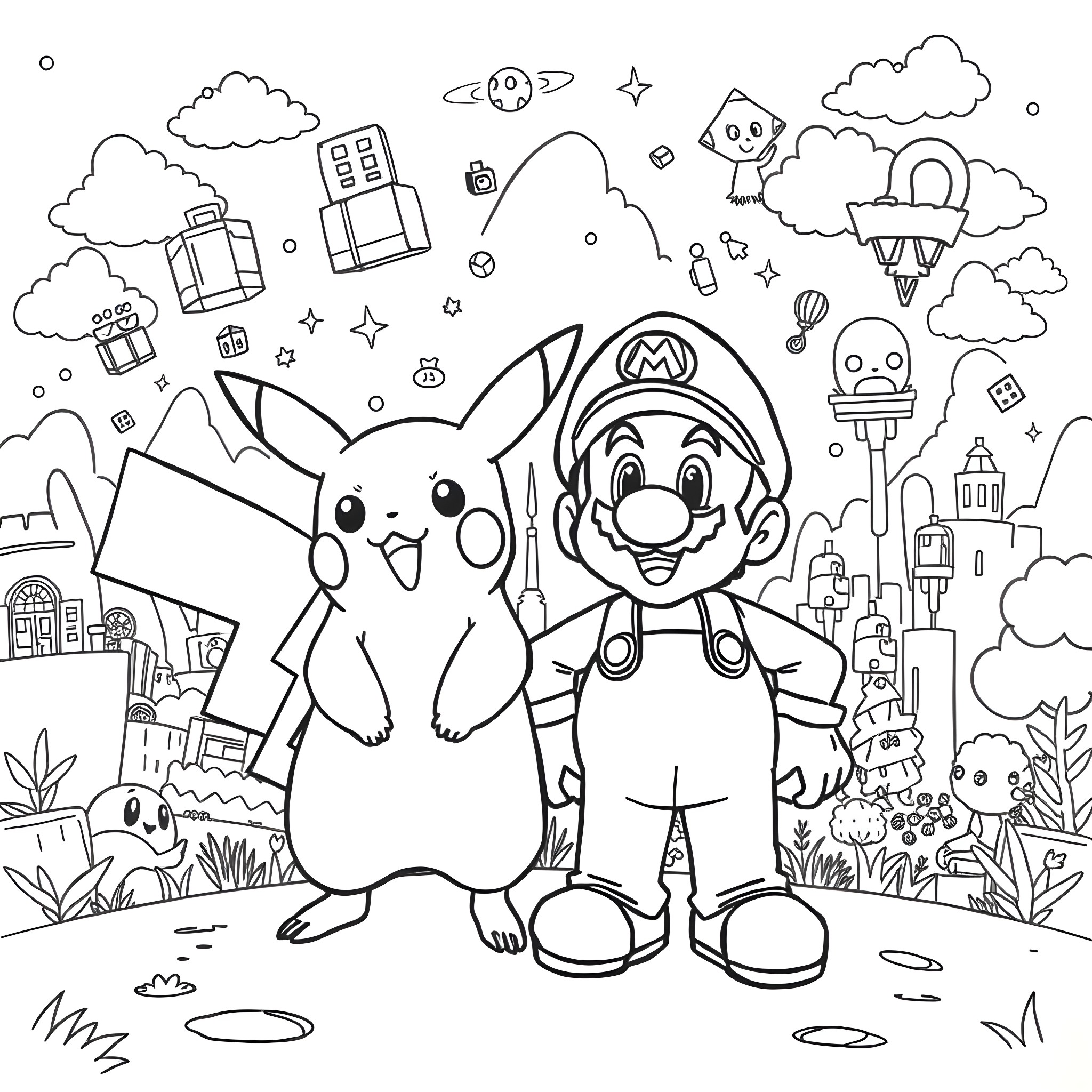 Pikachu and Mario adventuring in a whimsical world Coloring Page (free black-and-white line drawing printable PDF for all, from beginners to advanced learners, including children, teens, adults, and seniors)