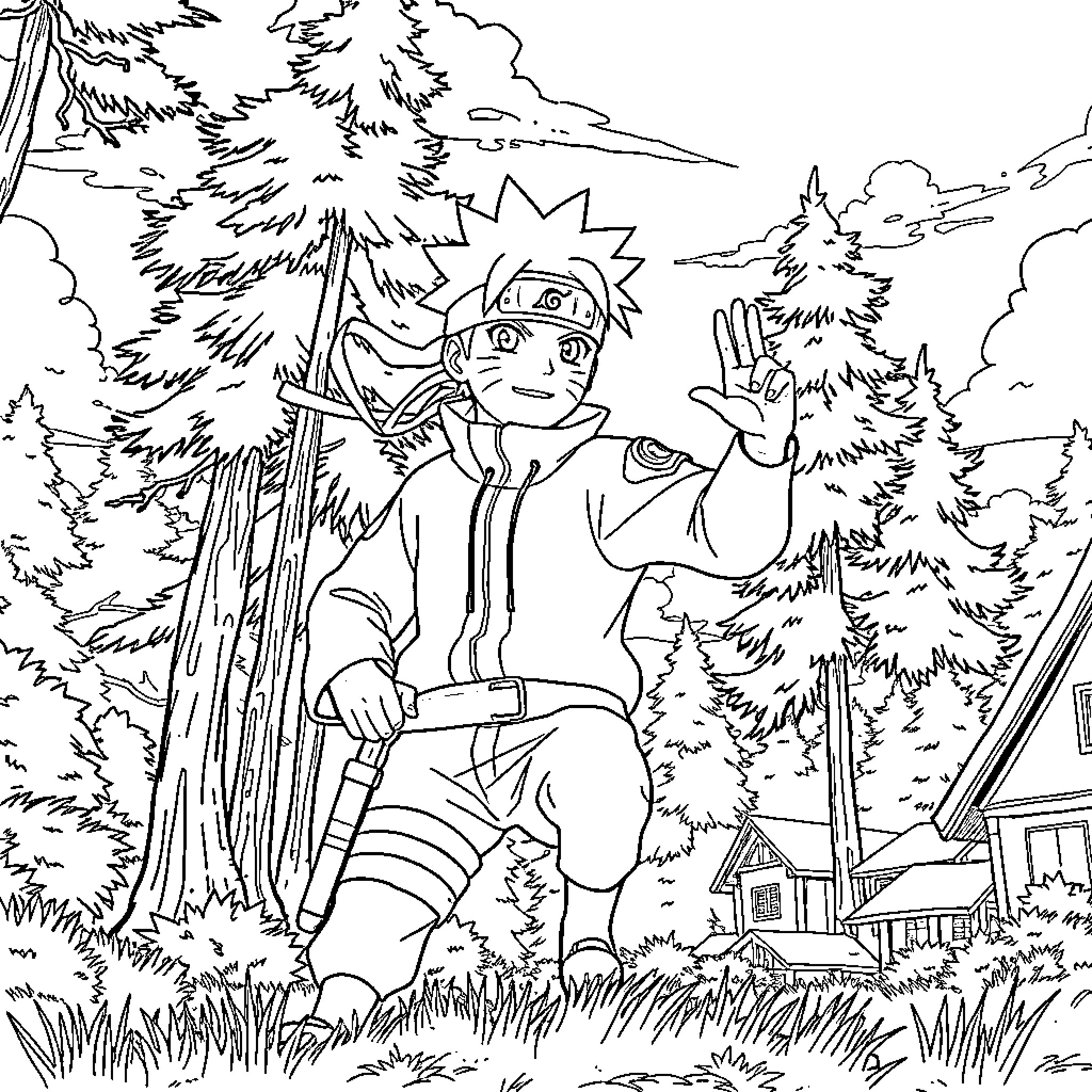 Naruto exploring the serene forest landscape Coloring Page (free black-and-white line drawing printable PDF for all, from beginners to advanced learners, including children, teens, adults, and seniors)