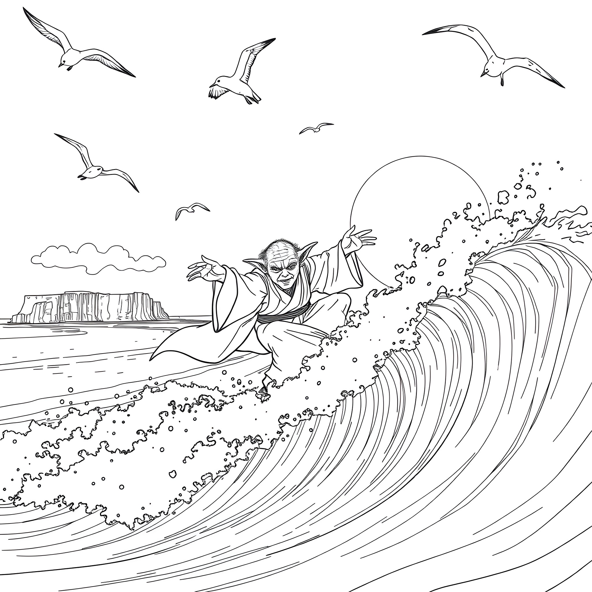Yoda surfing a massive wave with seagulls Coloring Page (free black-and-white line drawing printable PDF for all, from beginners to advanced learners, including children, teens, adults, and seniors)
