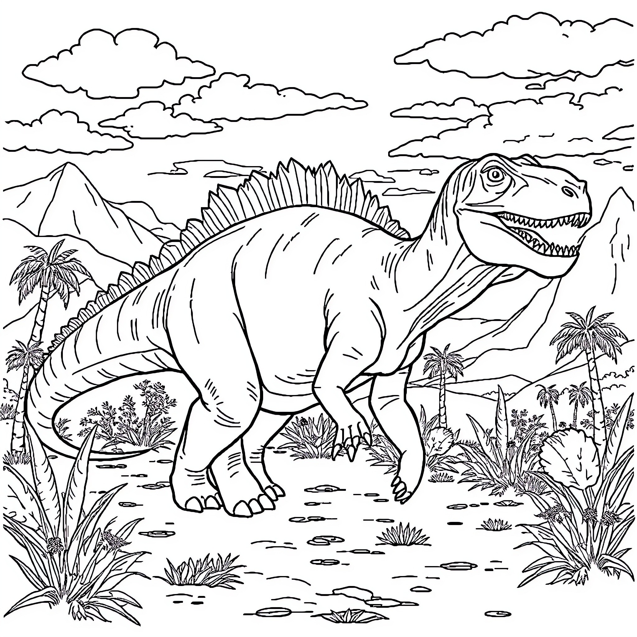 Dinosaur roaming through prehistoric landscape Coloring Page (free black-and-white line drawing printable PDF for all, from beginners to advanced learners, including children, teens, adults, and seniors)