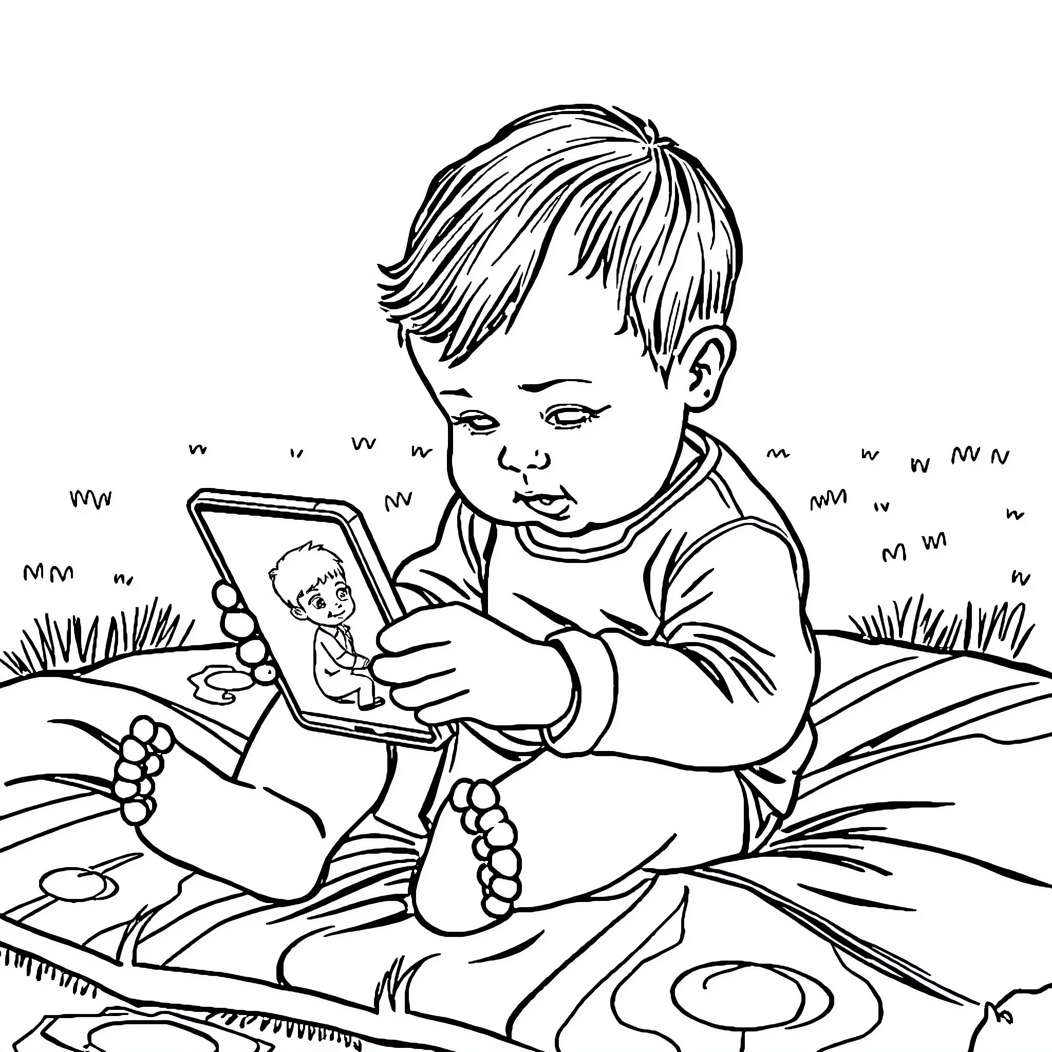 Baby playing with toy in the garden Coloring Page (free black-and-white line drawing printable PDF for all, from beginners to advanced learners, including children, teens, adults, and seniors)
