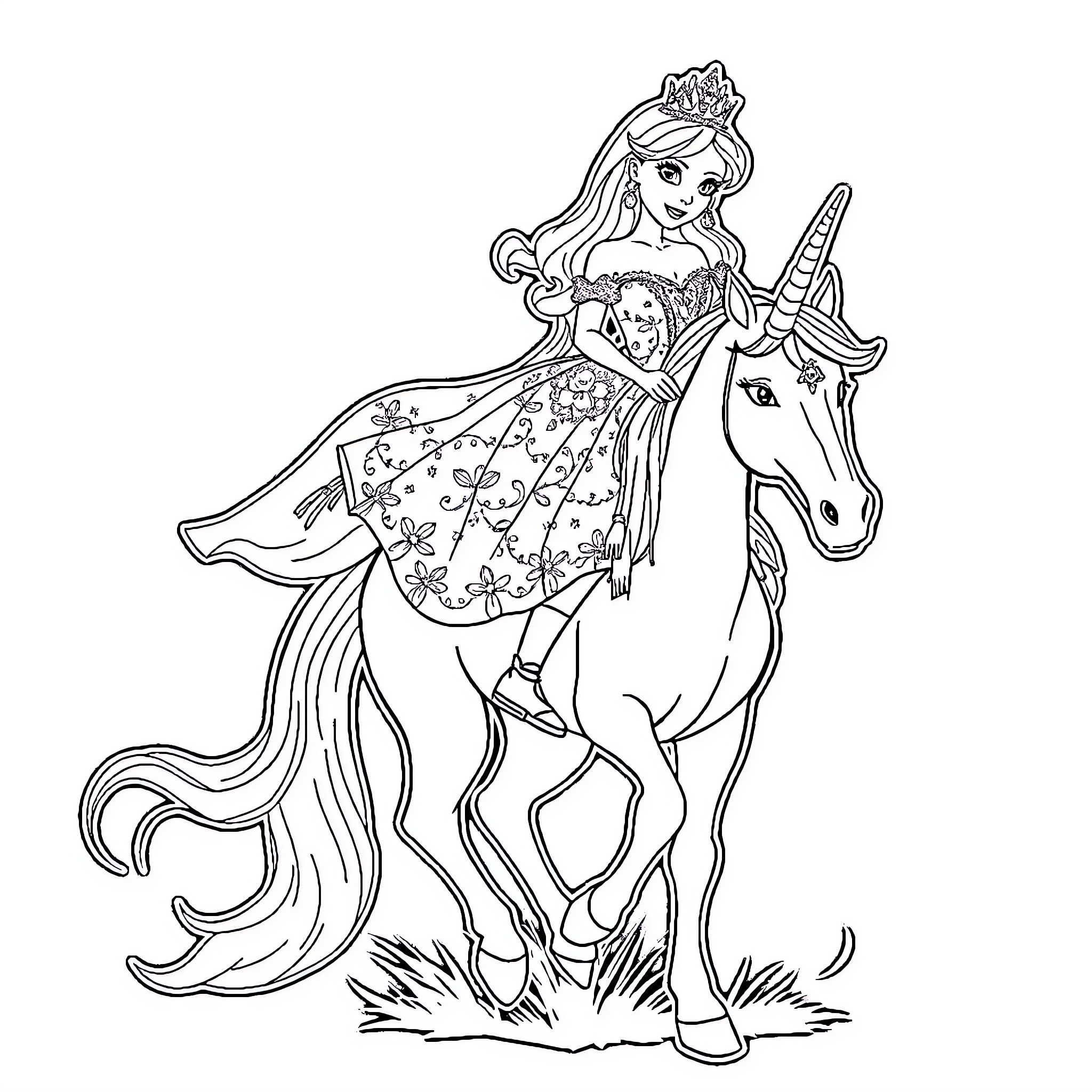 Princess Riding Unicorn in Flowery Meadow Coloring Page (free black-and-white line drawing printable PDF for all, from beginners to advanced learners, including children, teens, adults, and seniors)