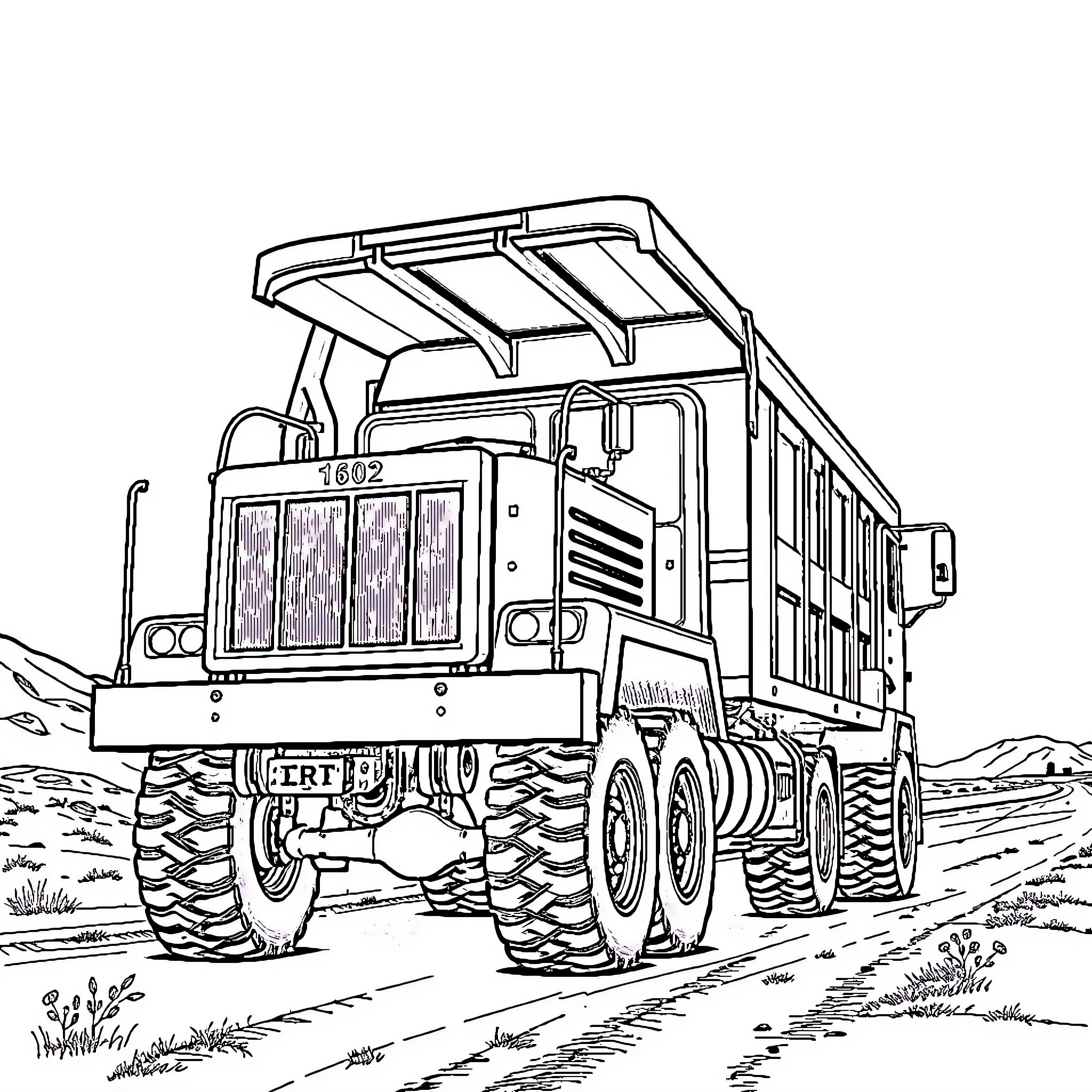 Truck transporting construction materials in the countryside Coloring Page (free black-and-white line drawing printable PDF for all, from beginners to advanced learners, including children, teens, adults, and seniors)