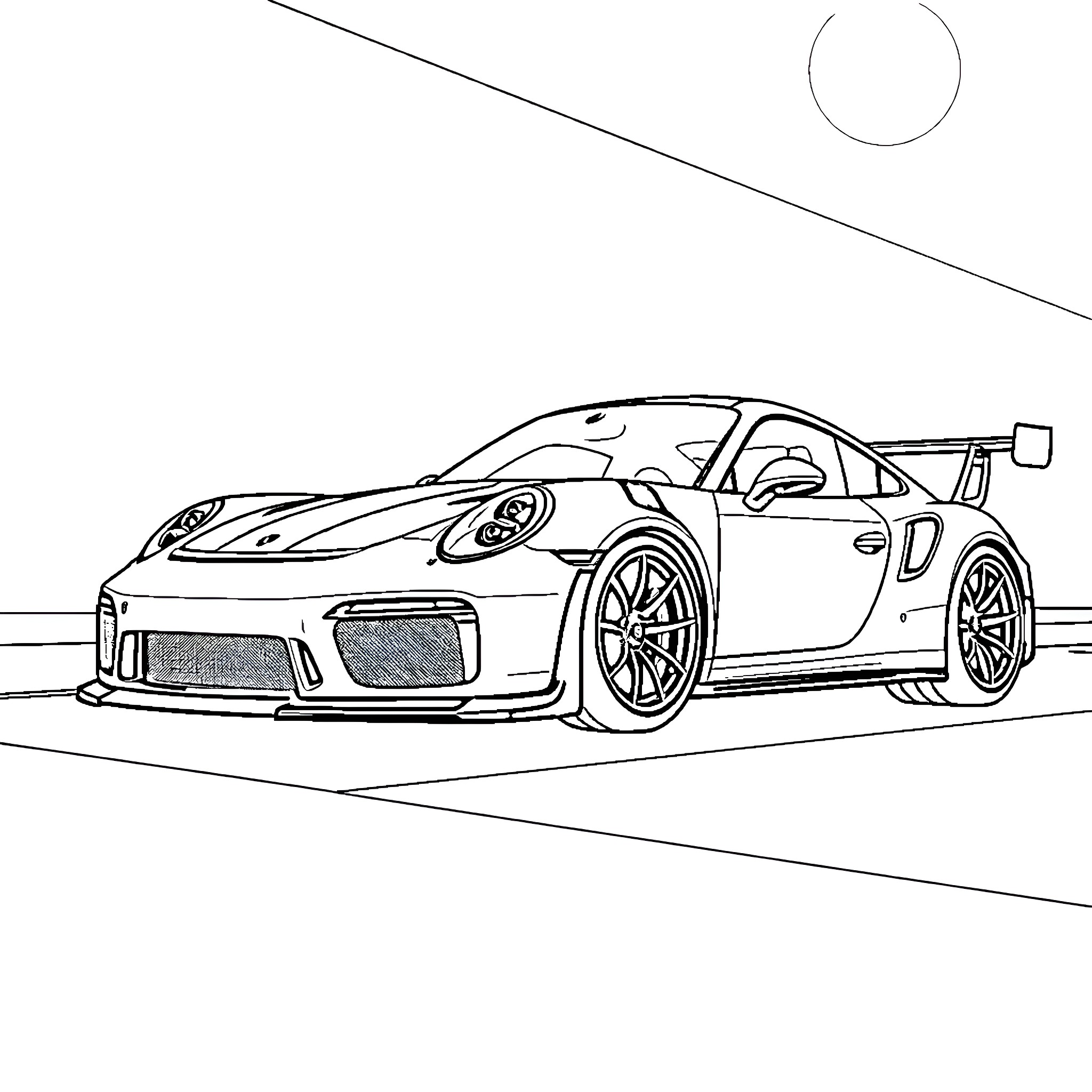Porsche sports car in racing action Coloring Page (free black-and-white line drawing printable PDF for all, from beginners to advanced learners, including children, teens, adults, and seniors)