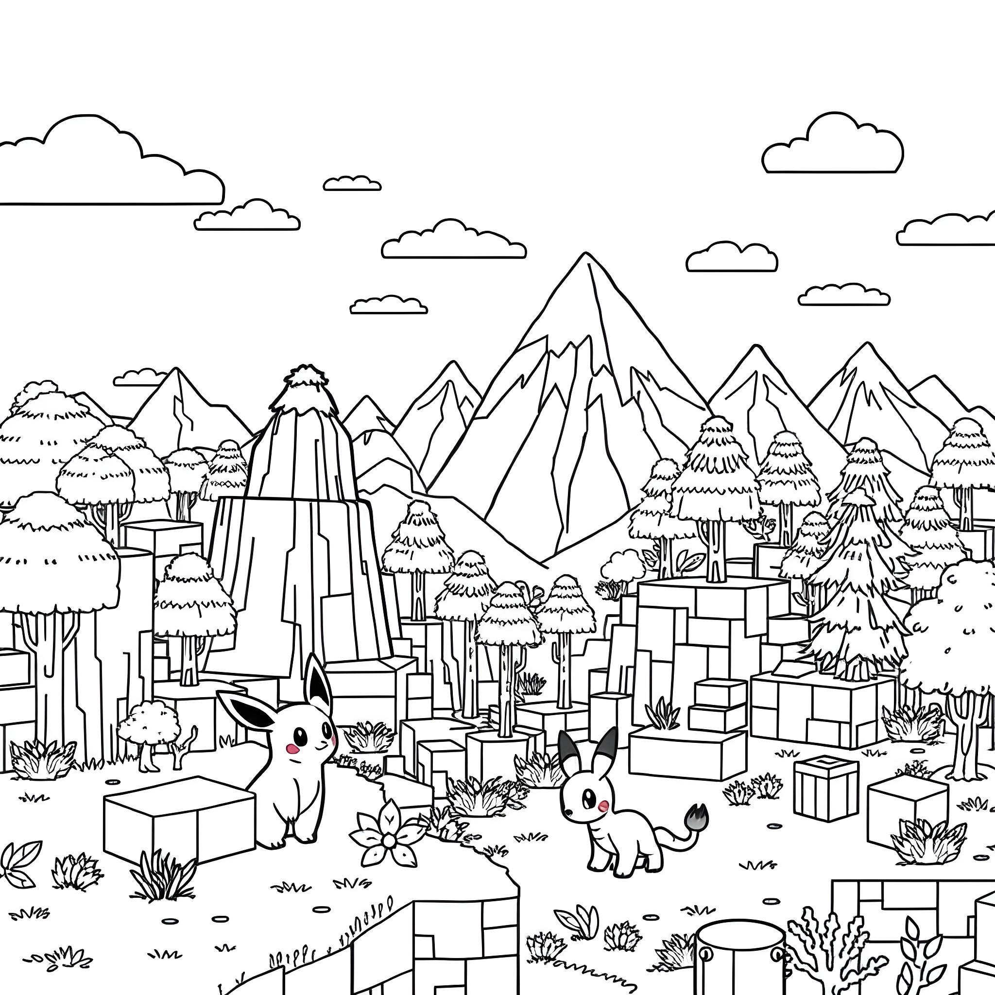 Pokémon friends exploring a mountainous landscape Coloring Page (free black-and-white line drawing printable PDF for all, from beginners to advanced learners, including children, teens, adults, and seniors)