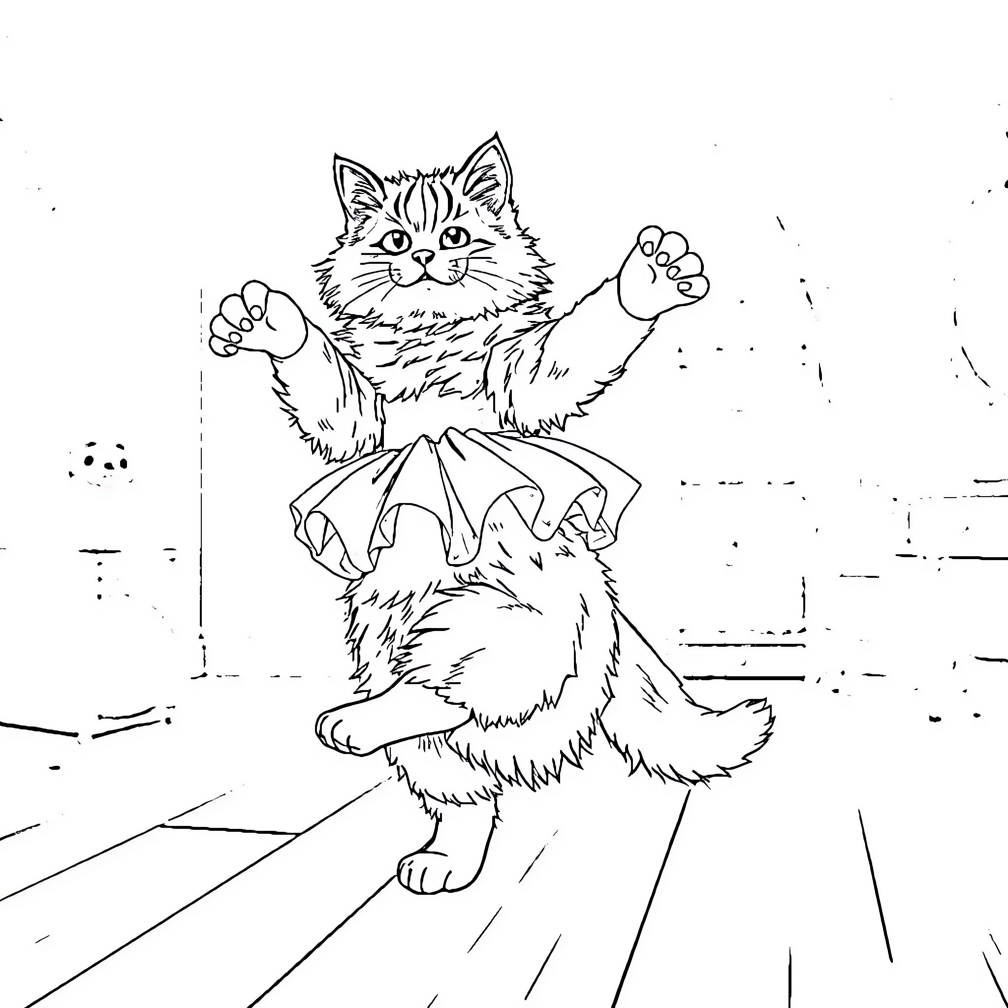 Cat in fancy dress costume Coloring Page (free black-and-white line drawing printable PDF for all, from beginners to advanced learners, including children, teens, adults, and seniors)