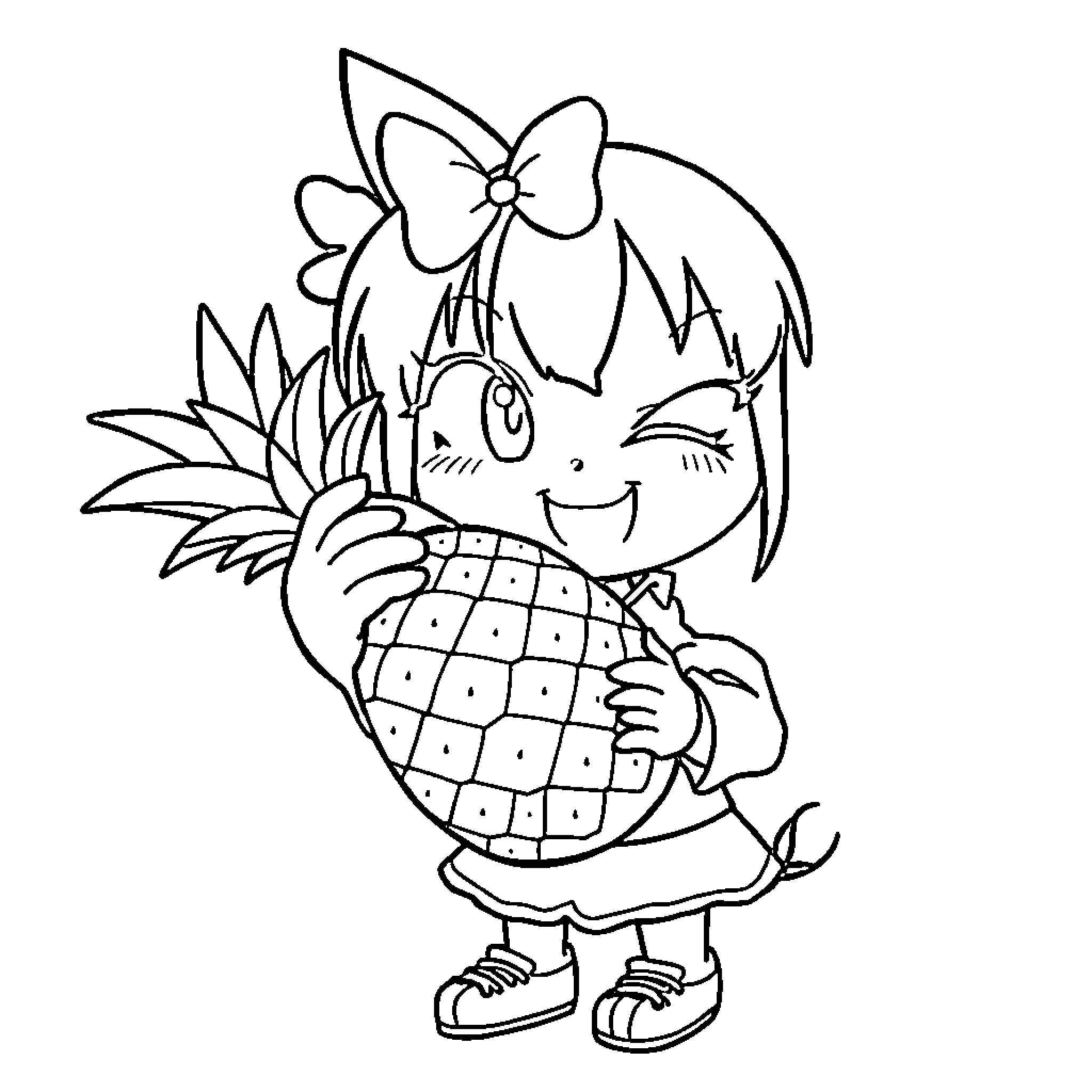 Kuromi holding a pineapple with a happy expression Coloring Page (free black-and-white line drawing printable PDF for all, from beginners to advanced learners, including children, teens, adults, and seniors)