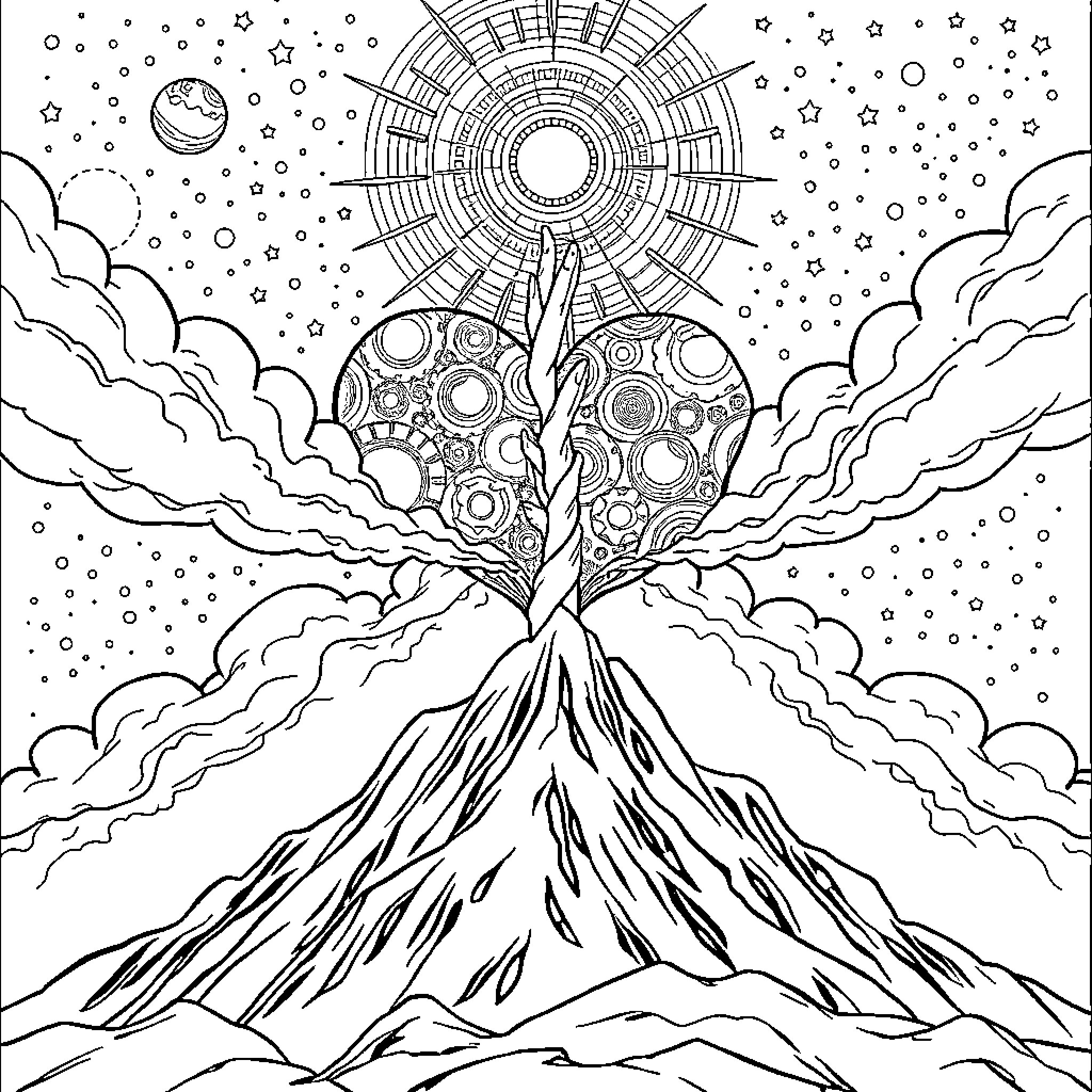 Heart Eruption in the Cosmic Landscape Coloring Page (free black-and-white line drawing printable PDF for all, from beginners to advanced learners, including children, teens, adults, and seniors)
