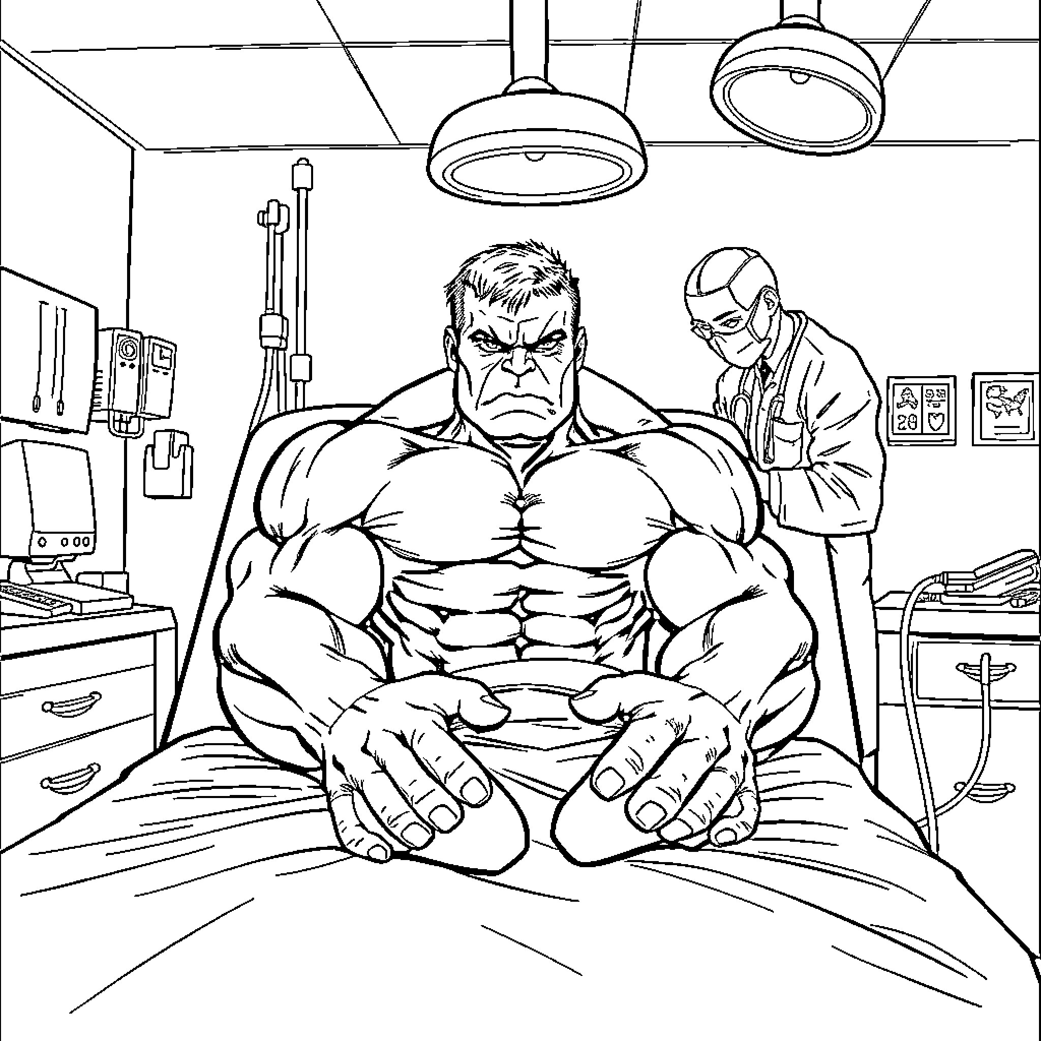 Hulk receiving medical examination in hospital setting Coloring Page (free black-and-white line drawing printable PDF for all, from beginners to advanced learners, including children, teens, adults, and seniors)