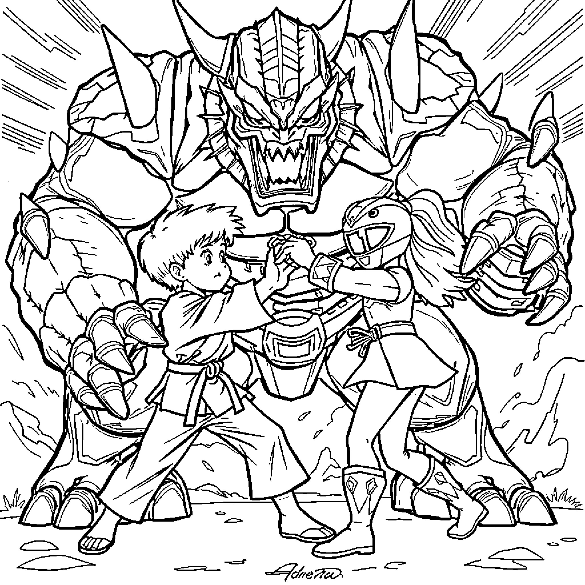 Karate Warriors Confronting Monstrous Adversary Coloring Page (free black-and-white line drawing printable PDF for all, from beginners to advanced learners, including children, teens, adults, and seniors)