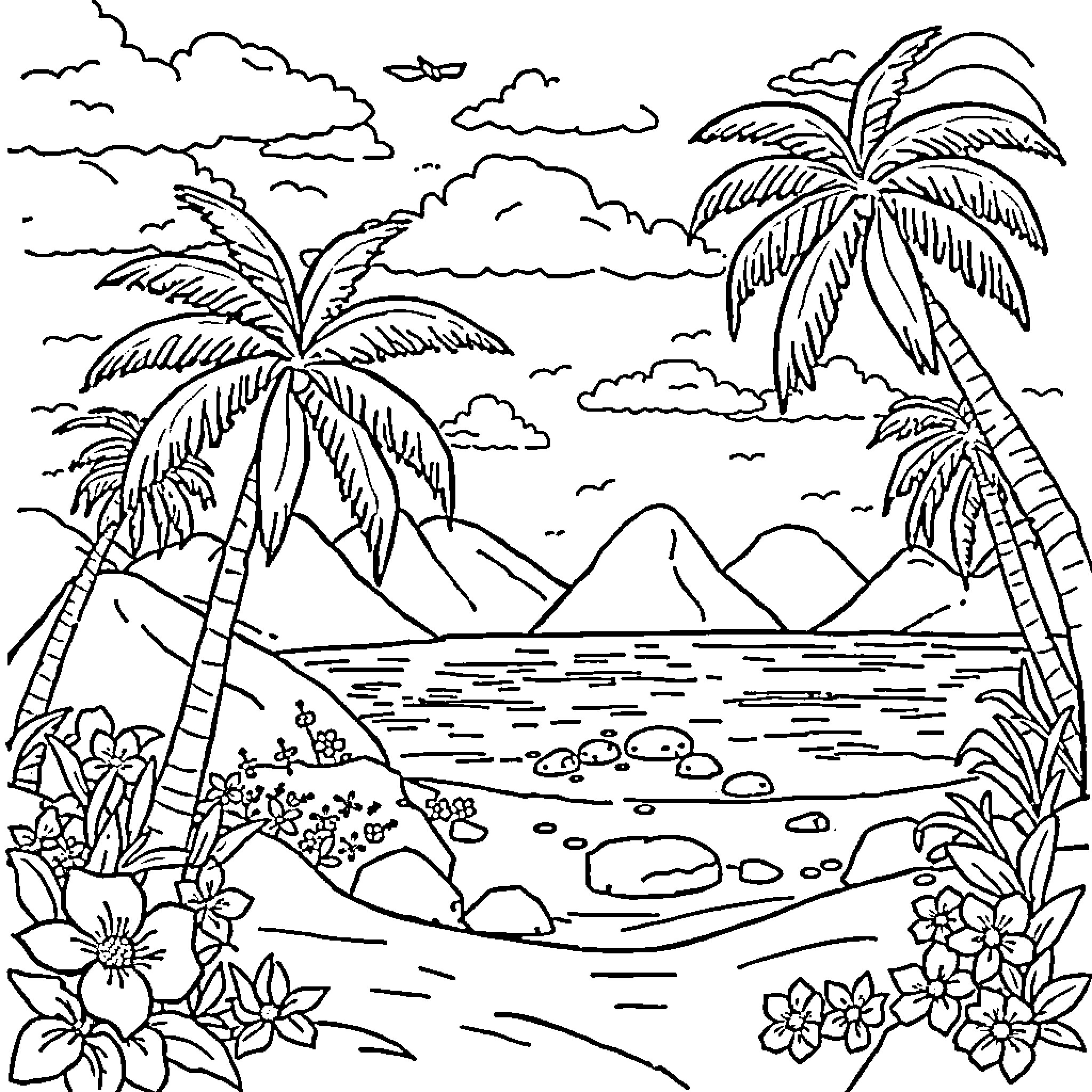 Hawaiian Landscape with Palm Trees and Flowers Coloring Page (free black-and-white line drawing printable PDF for all, from beginners to advanced learners, including children, teens, adults, and seniors)