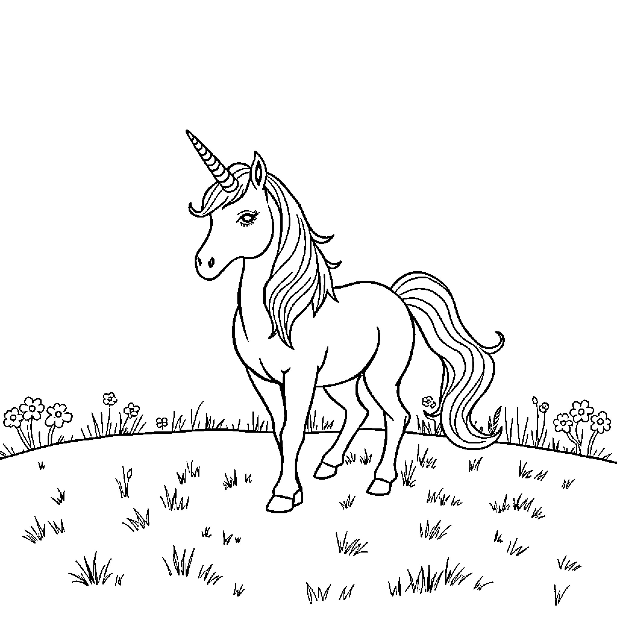 Unicorn standing gracefully in a field Coloring Page (free black-and-white line drawing printable PDF for all, from beginners to advanced learners, including children, teens, adults, and seniors)