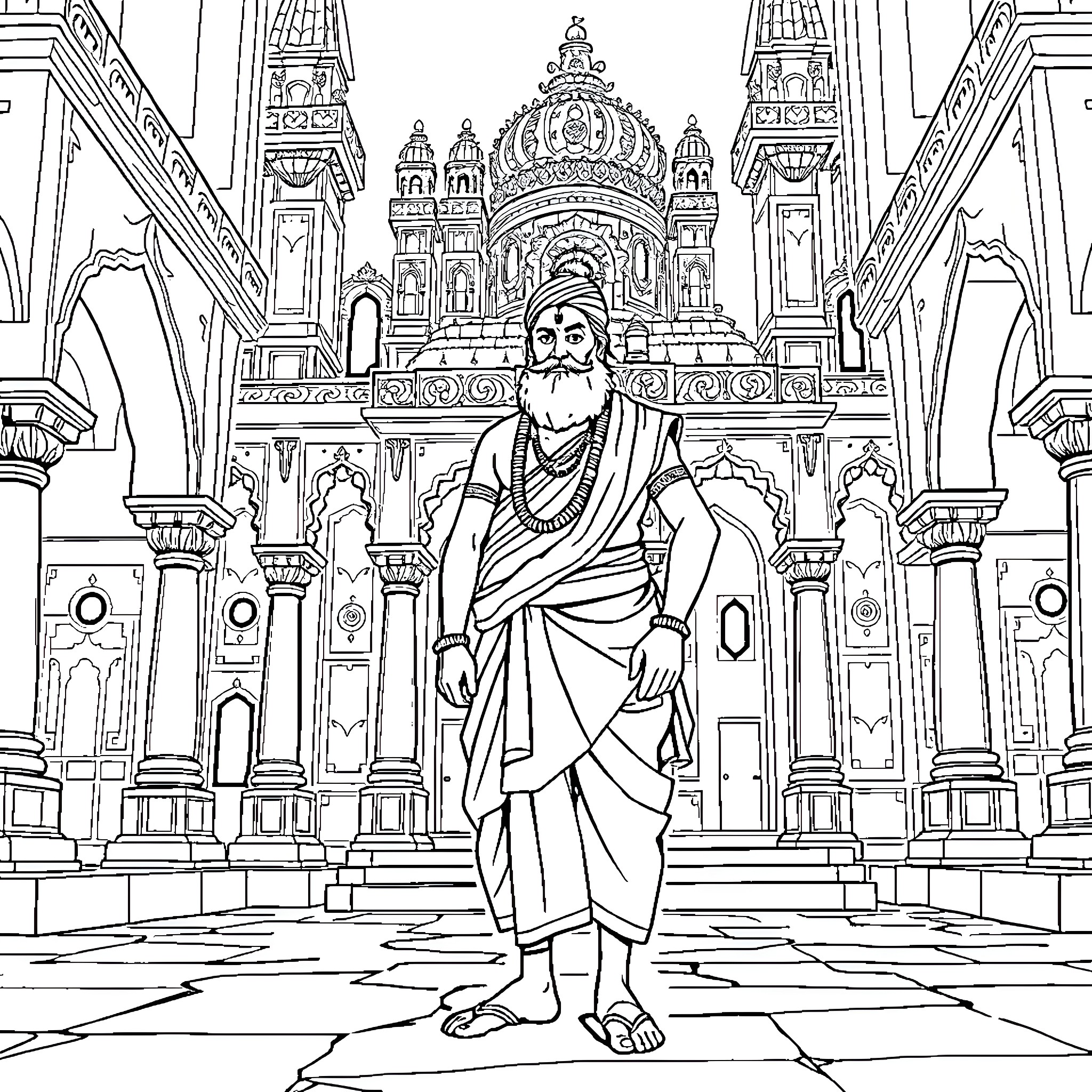 Telani Rama in ornate temple with intricate architecture Coloring Page (free black-and-white line drawing printable PDF for all, from beginners to advanced learners, including children, teens, adults, and seniors)