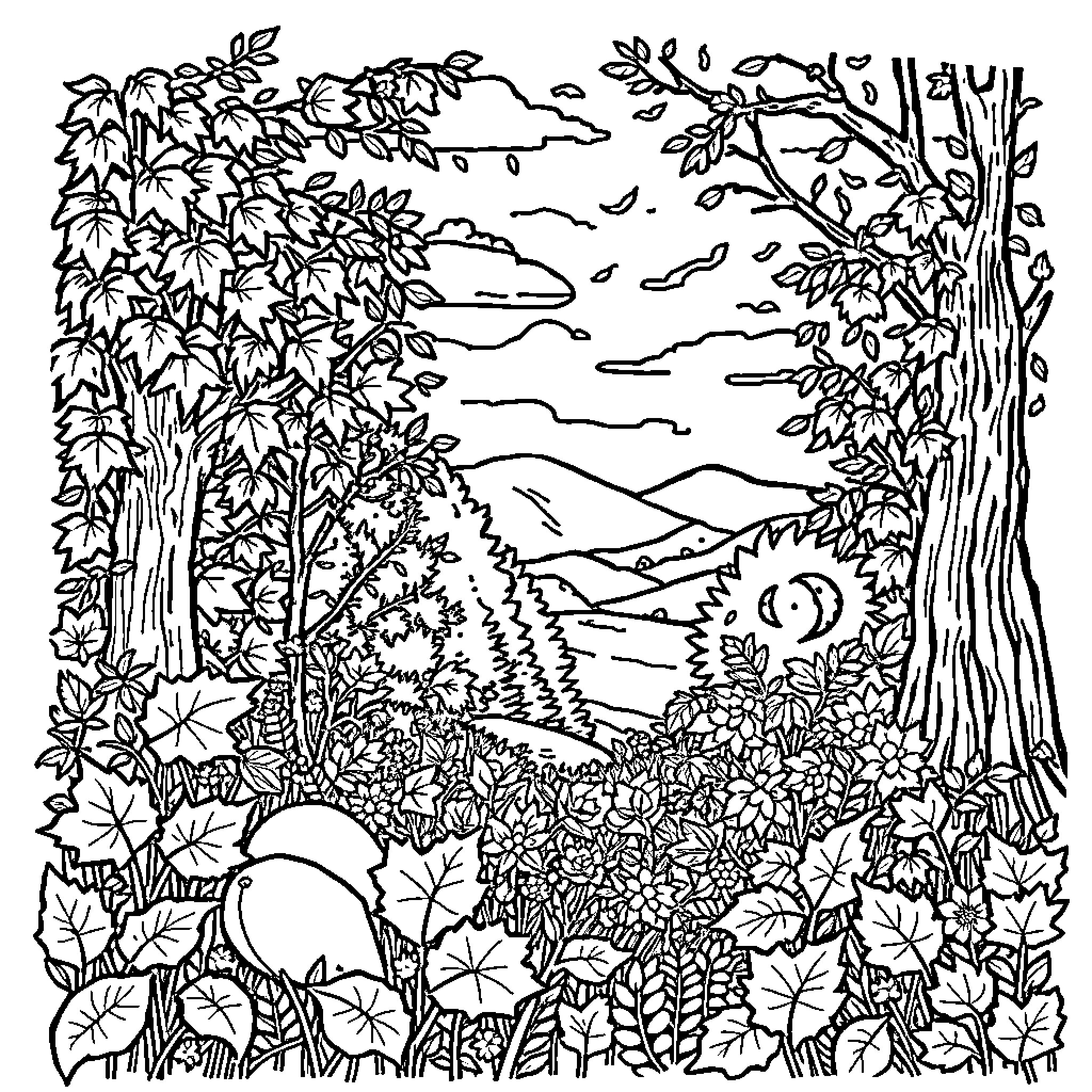 Autumn Landscape with Lush Foliage and Wildlife Coloring Page (free black-and-white line drawing printable PDF for all, from beginners to advanced learners, including children, teens, adults, and seniors)