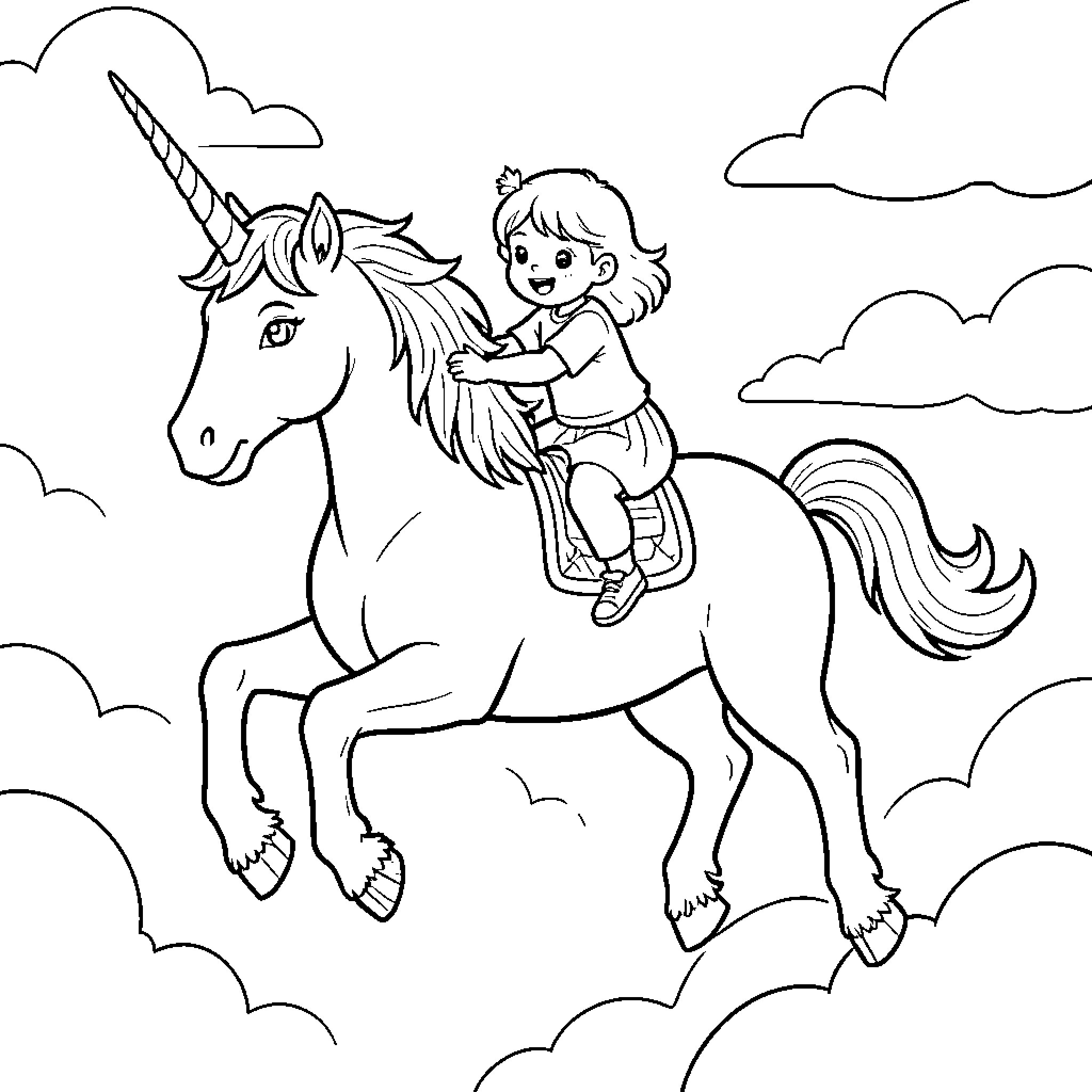 Unicorn being ridden by a happy young girl Coloring Page (free black-and-white line drawing printable PDF for all, from beginners to advanced learners, including children, teens, adults, and seniors)