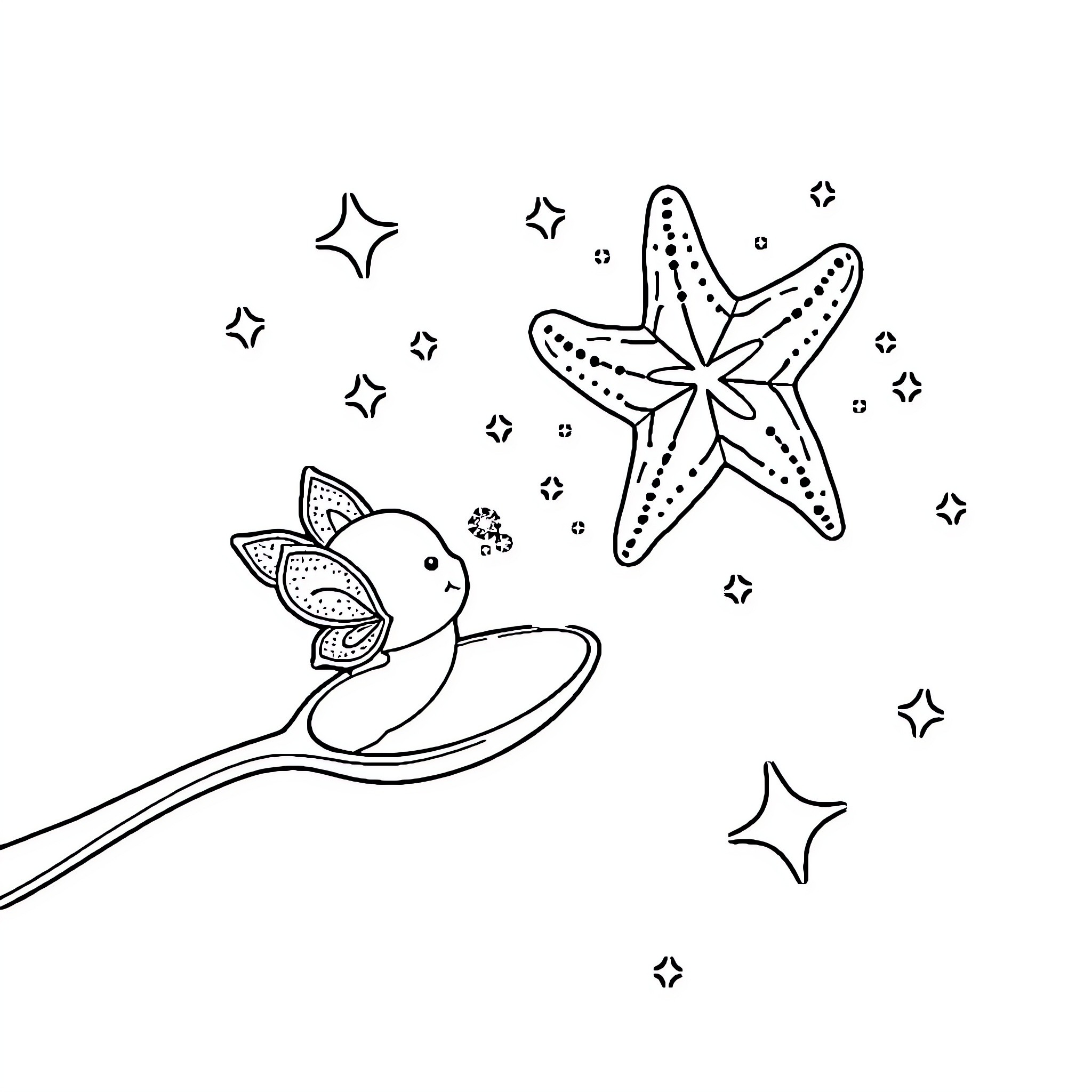Spoon playing with starfish in the sea Coloring Page (free black-and-white line drawing printable PDF for all, from beginners to advanced learners, including children, teens, adults, and seniors)