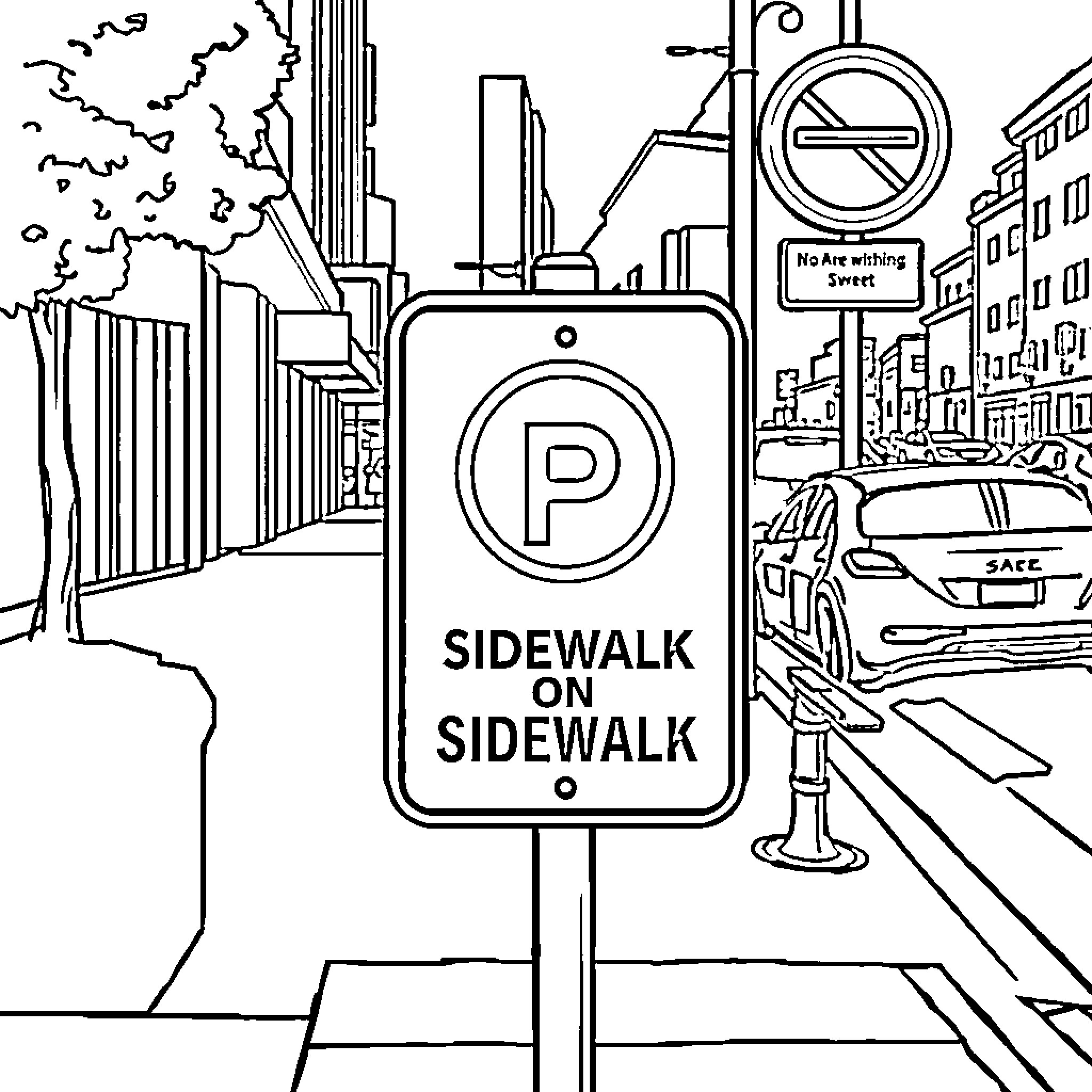 Sign for Sidewalk on Sidewalk Coloring Page (free black-and-white line drawing printable PDF for all, from beginners to advanced learners, including children, teens, adults, and seniors)